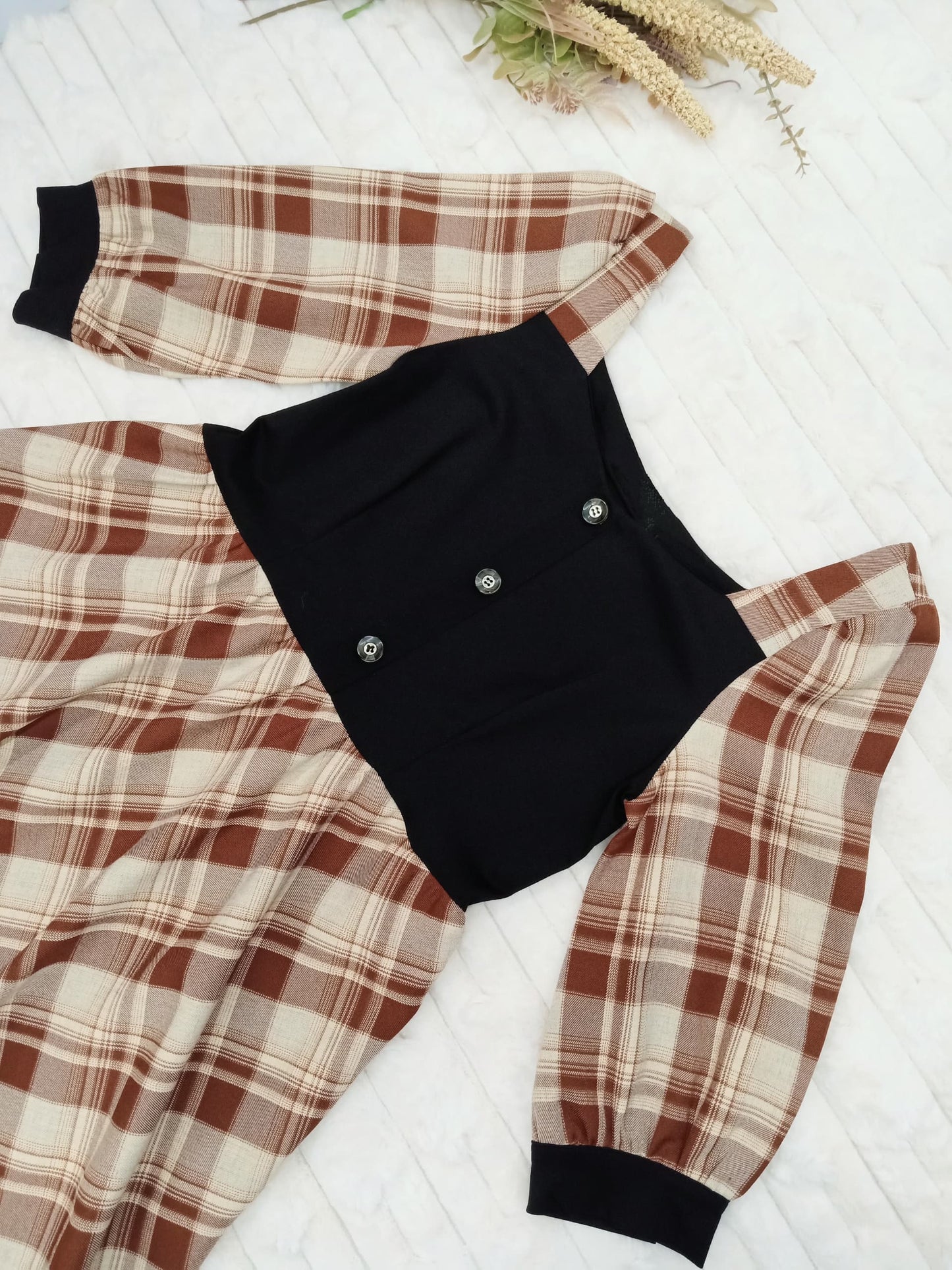 Square Neck Long Sleeve Plaid Knee-Length Dress