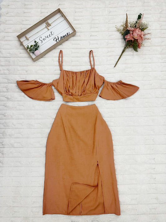 Adjustable Strap Cold Shoulder Top & Midi Skirt with Slit