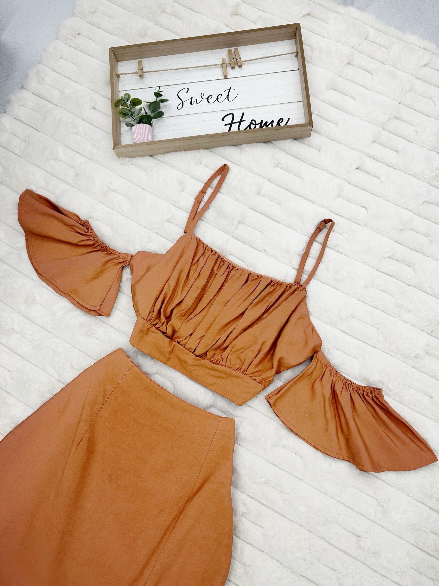 Adjustable Strap Cold Shoulder Top & Midi Skirt with Slit