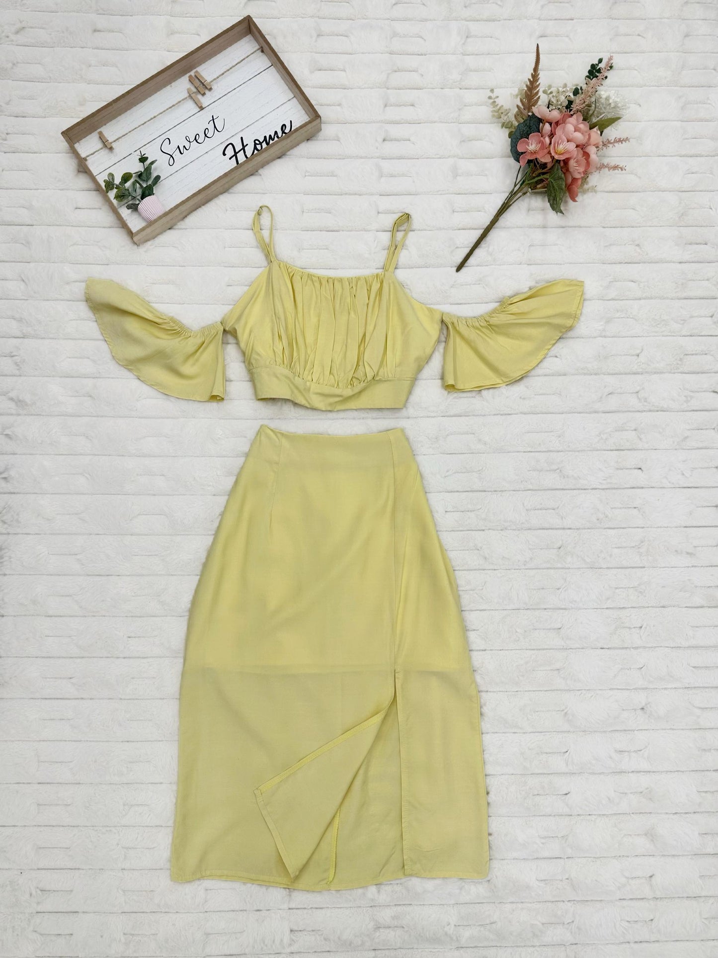 Adjustable Strap Cold Shoulder Top & Midi Skirt with Slit