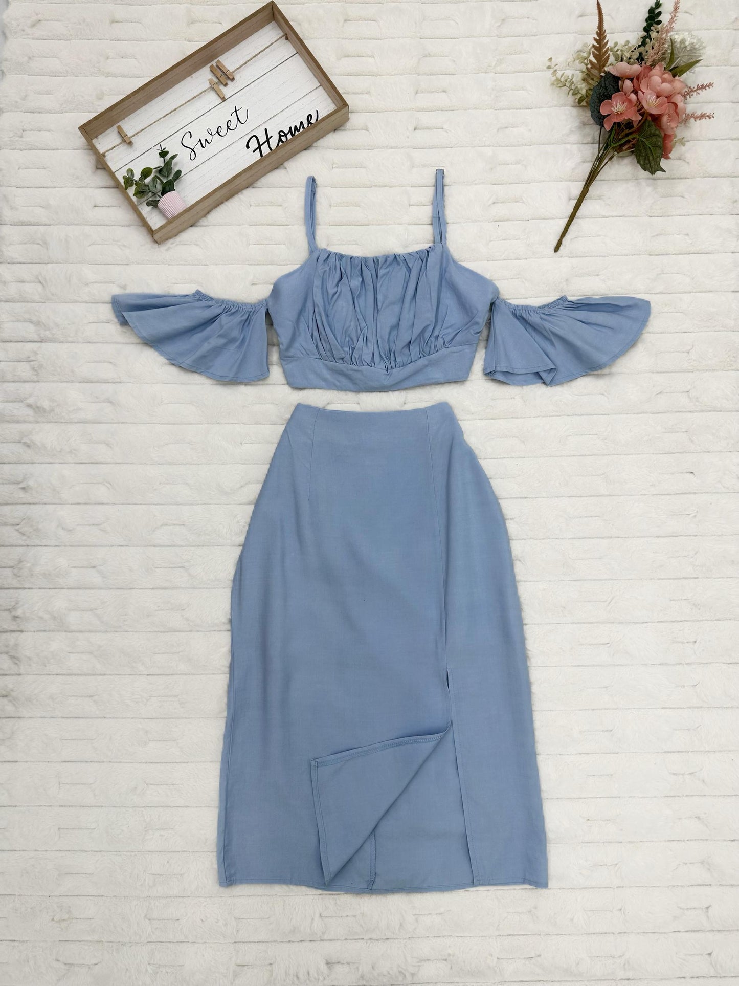Adjustable Strap Cold Shoulder Top & Midi Skirt with Slit