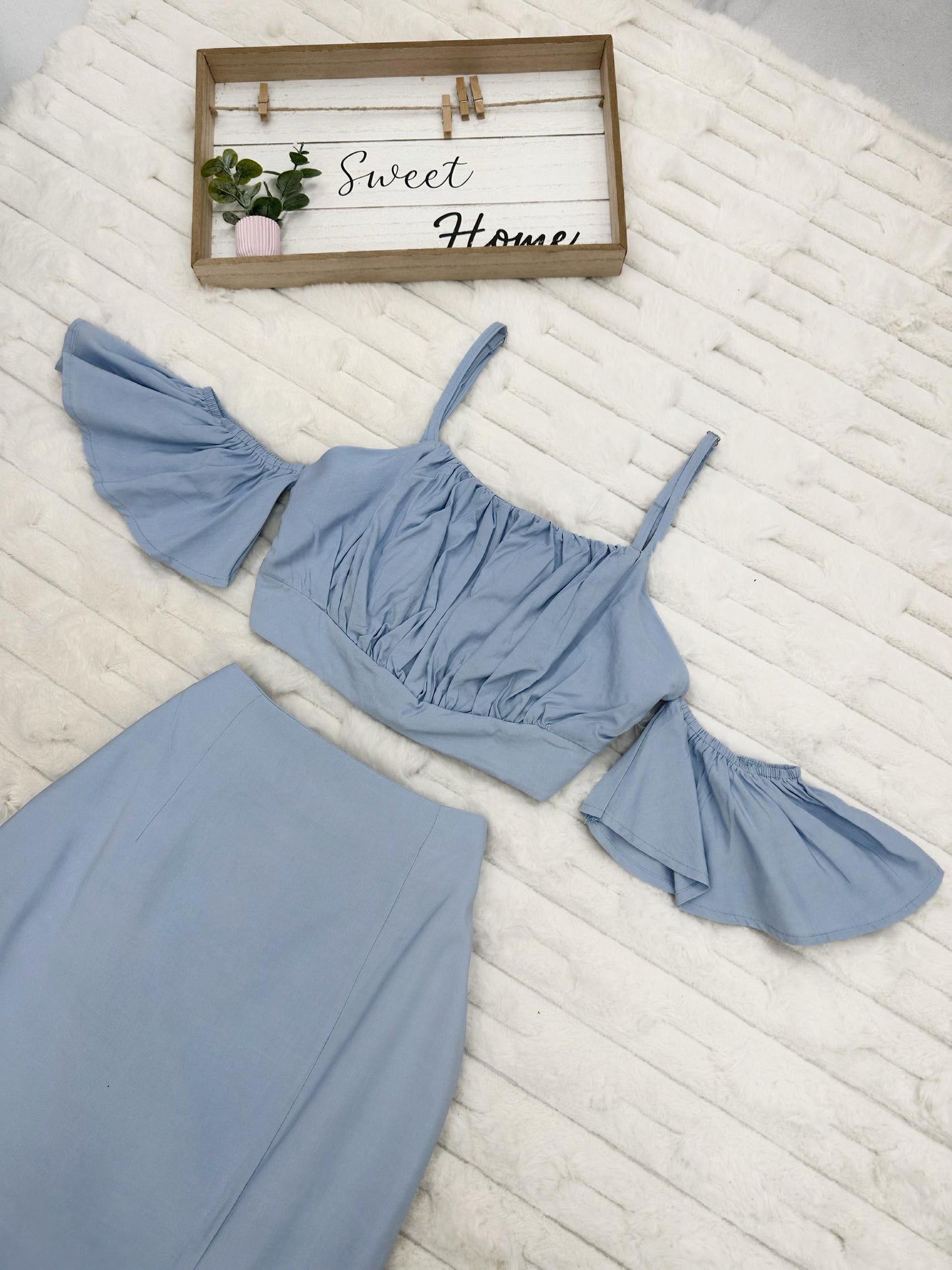 Adjustable Strap Cold Shoulder Top & Midi Skirt with Slit
