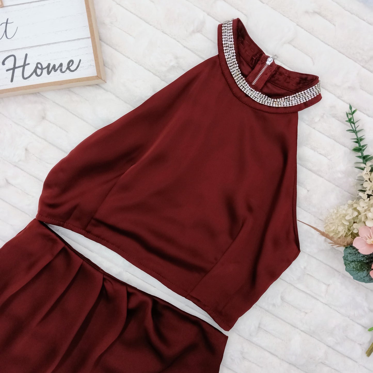 Halter Neck Top with Faux Rhinestone & Long Skirt with High Asymmetrical Slit