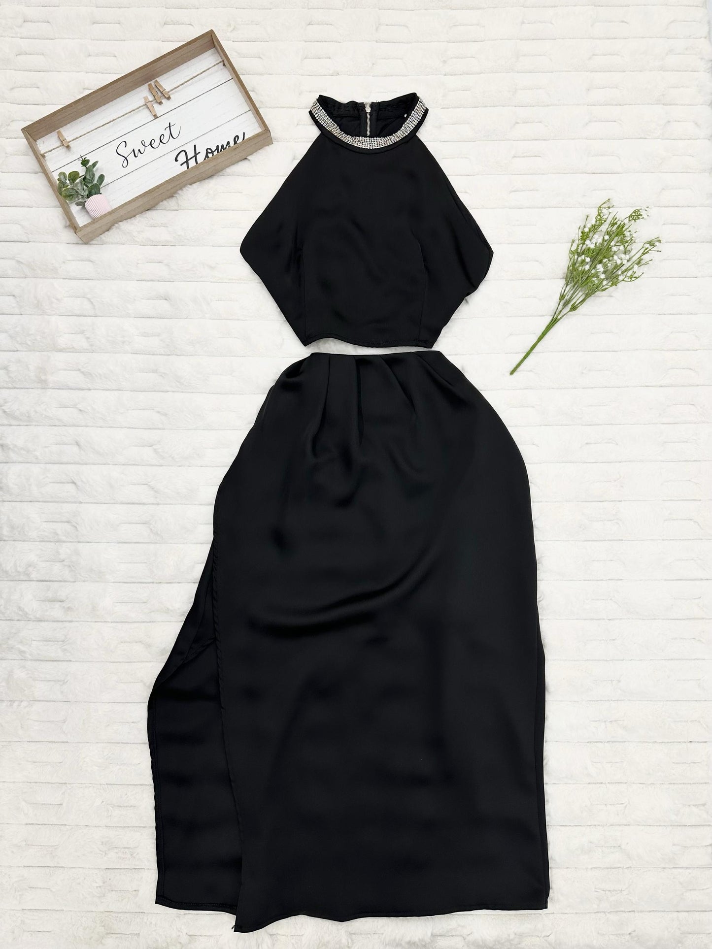 Halter Neck Top with Faux Rhinestone & Long Skirt with High Asymmetrical Slit