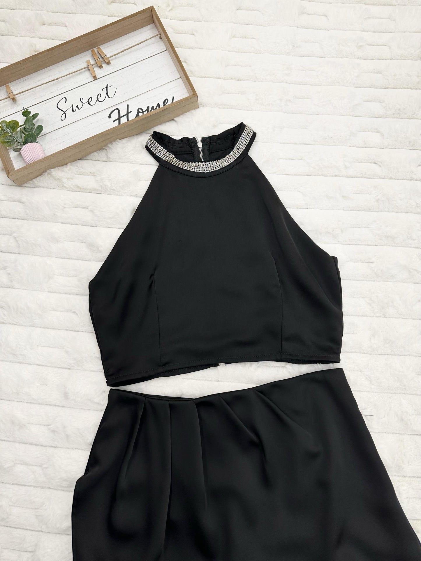 Halter Neck Top with Faux Rhinestone & Long Skirt with High Asymmetrical Slit