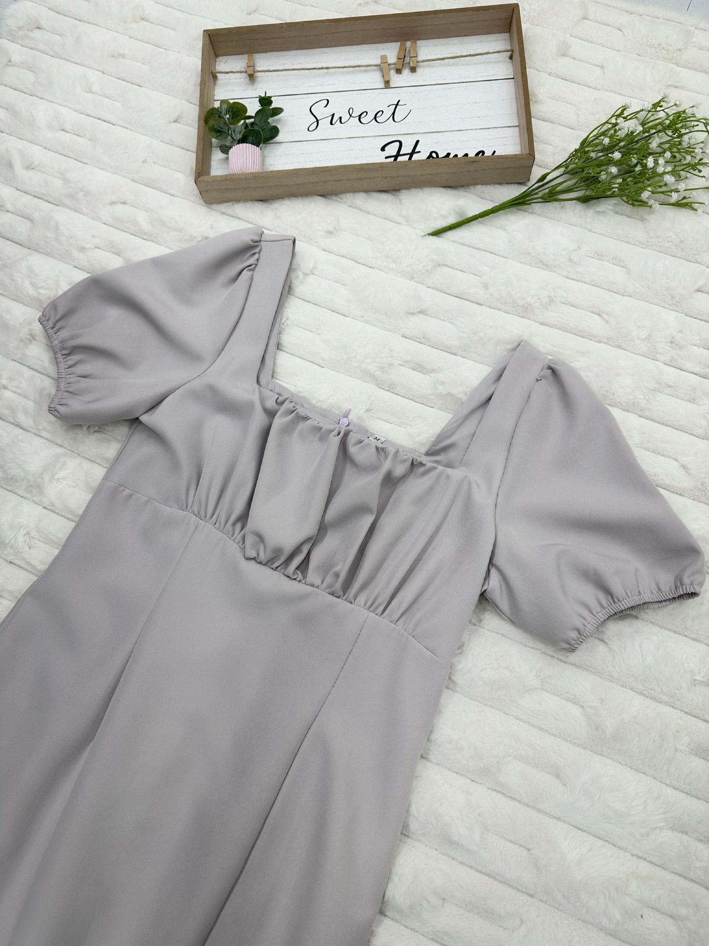 Square-Neck Puff-Sleeves with High Slit Midi Dress