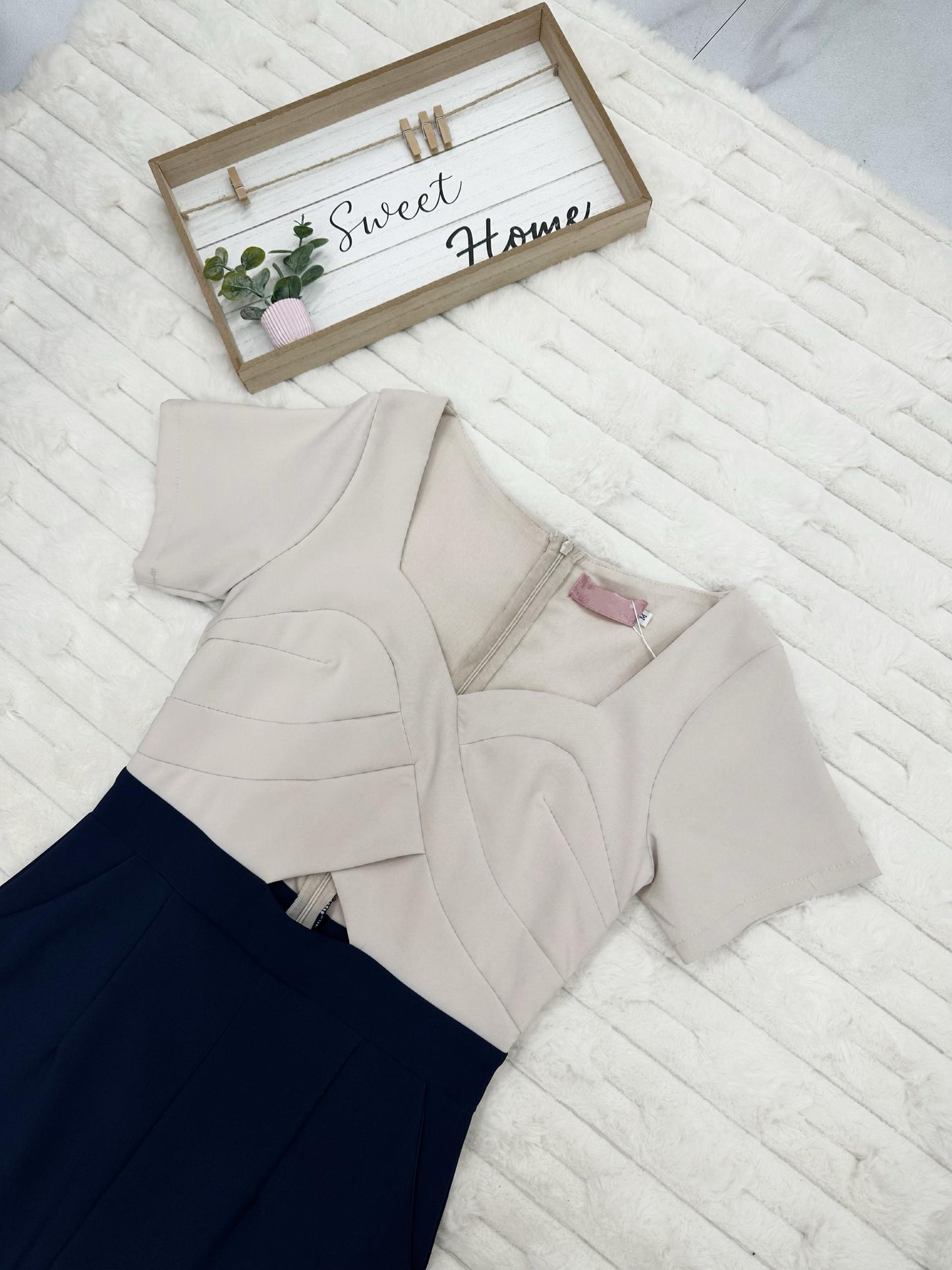 Two-Tone Cutout Lace Trim with Pockets Midi Dress