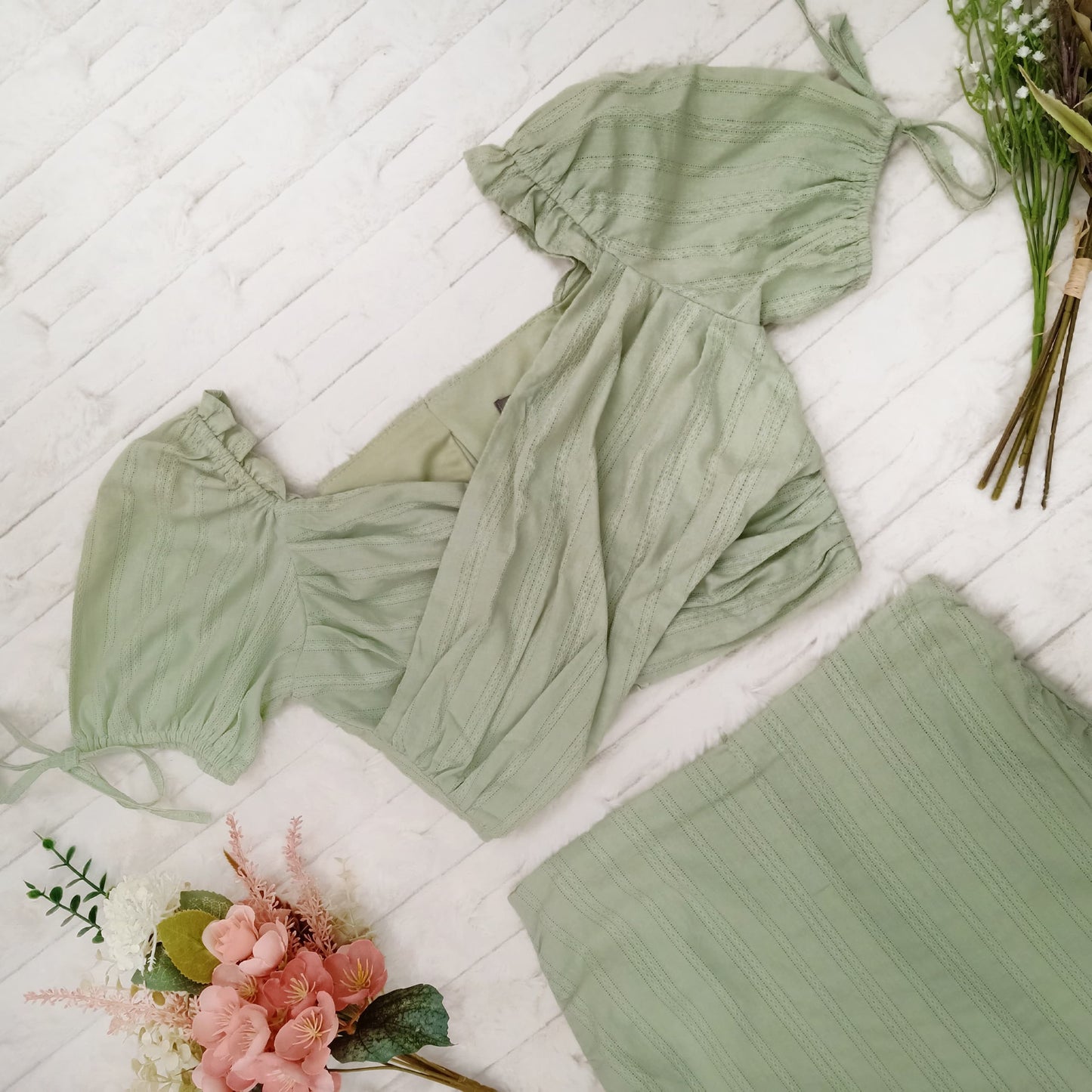 Draped V-Neck Ruched Crop Top & Ruffle Skort