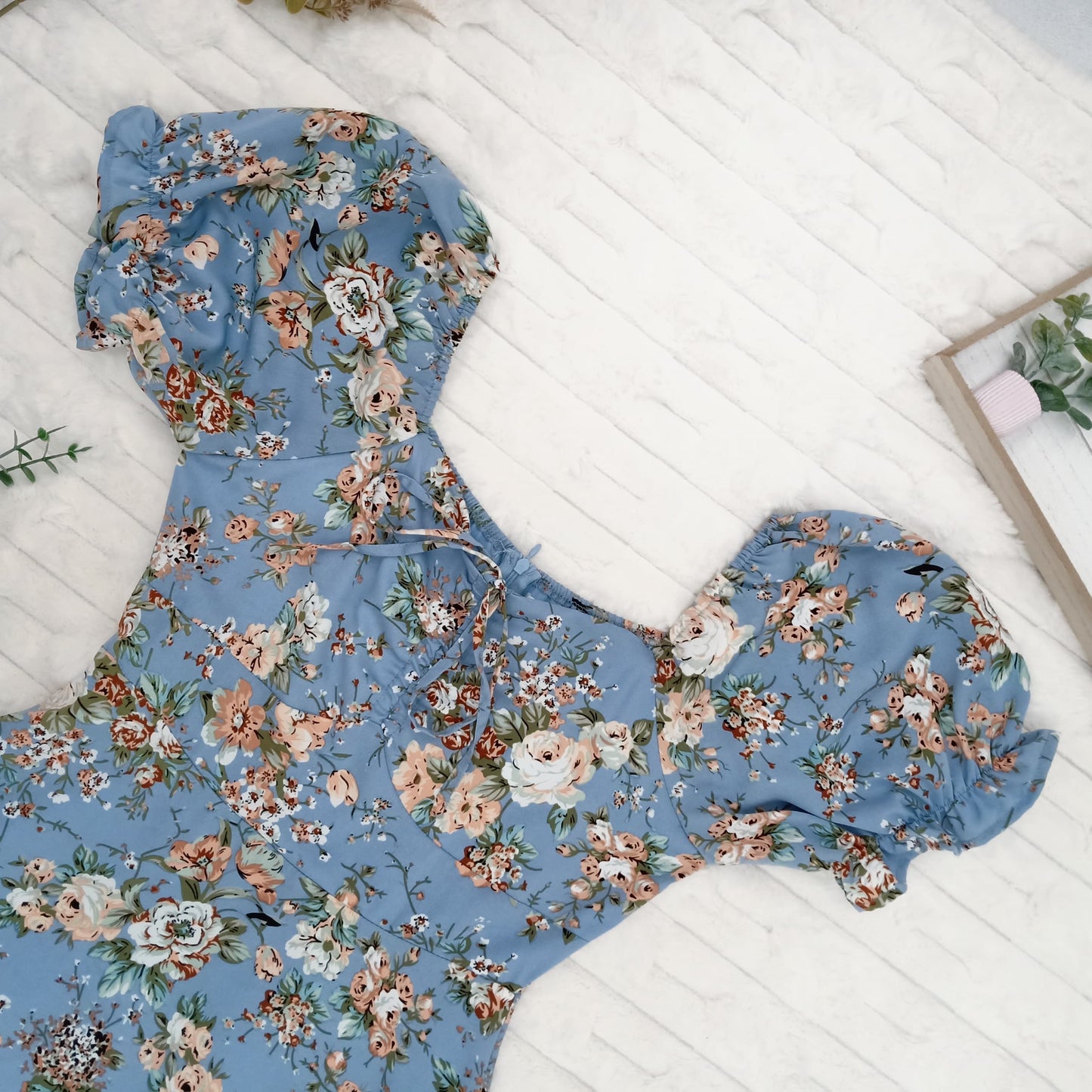Sweetheart Puff-Sleeves Floral Printed with Pockets Midi Dress