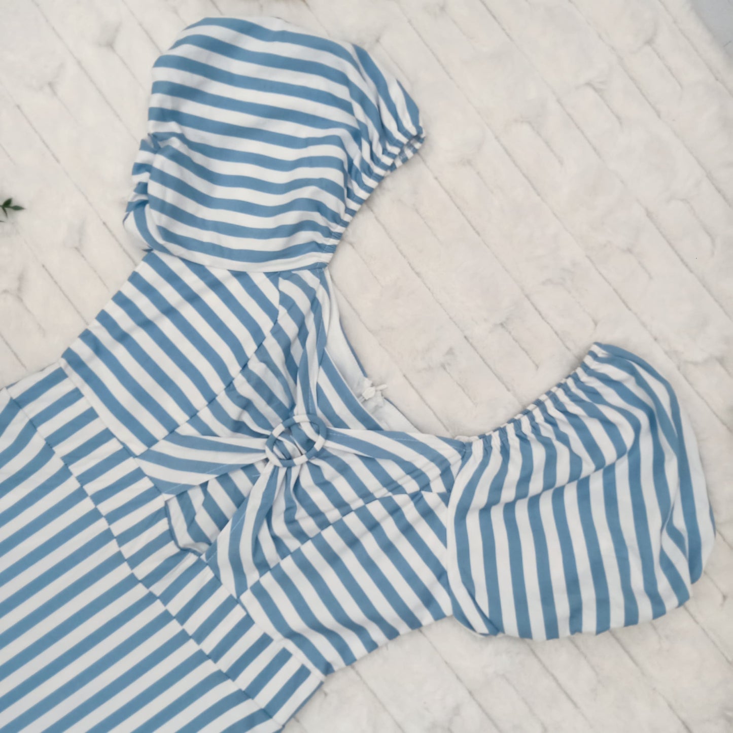 Striped Puff Sleeves with Pockets Midi Dress