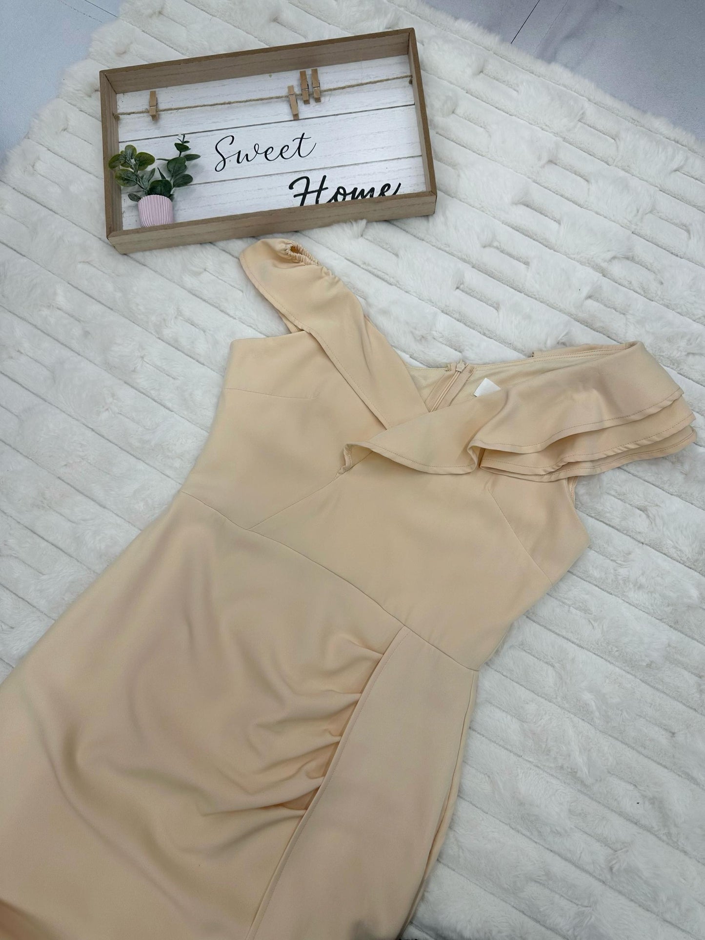 Ruffle One-Shoulder with Draped Asymmetrical High Slit Maxi Dress