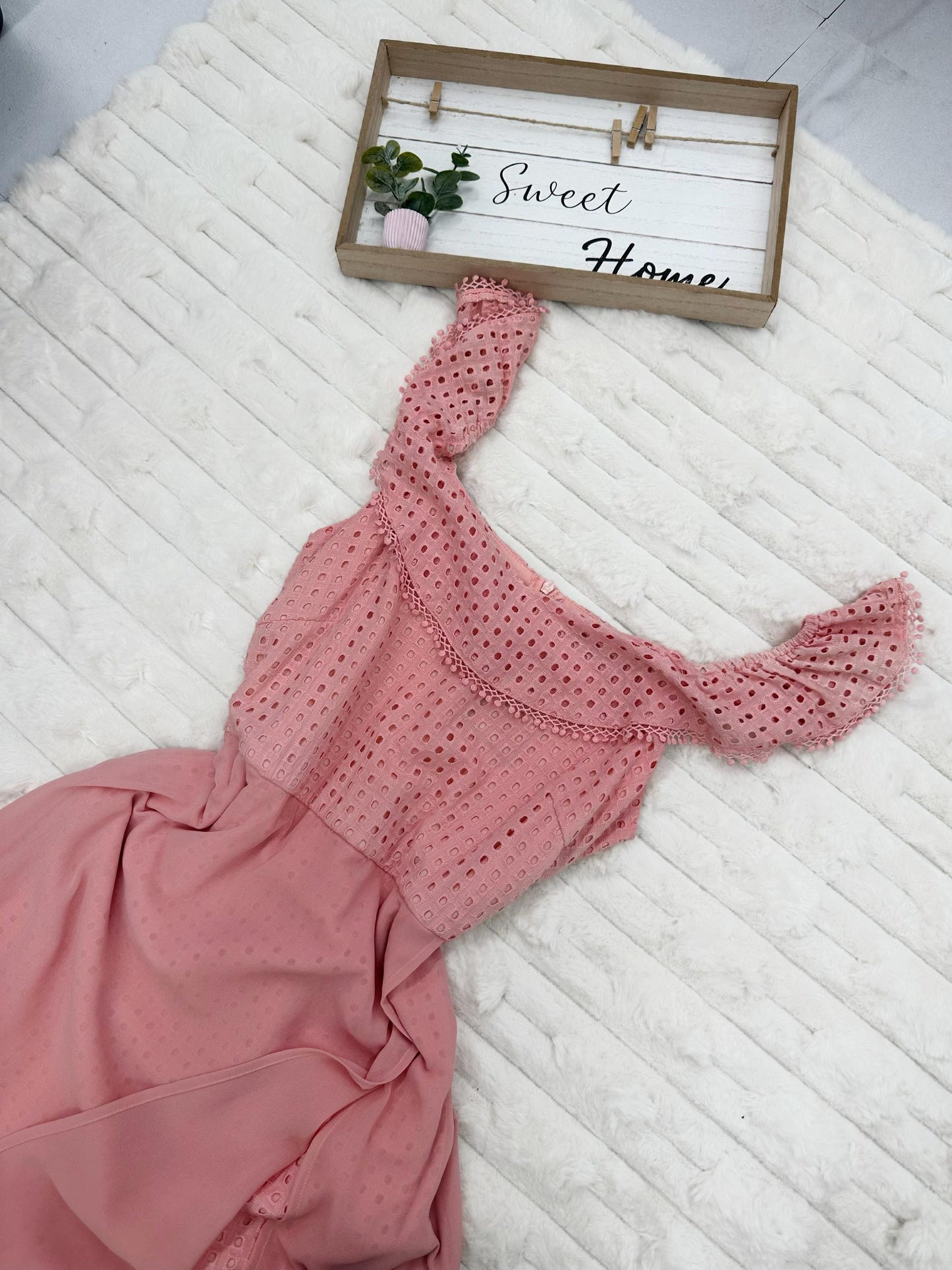 Off-Shoulder Eyelet with Front Sheer Maxi Dress
