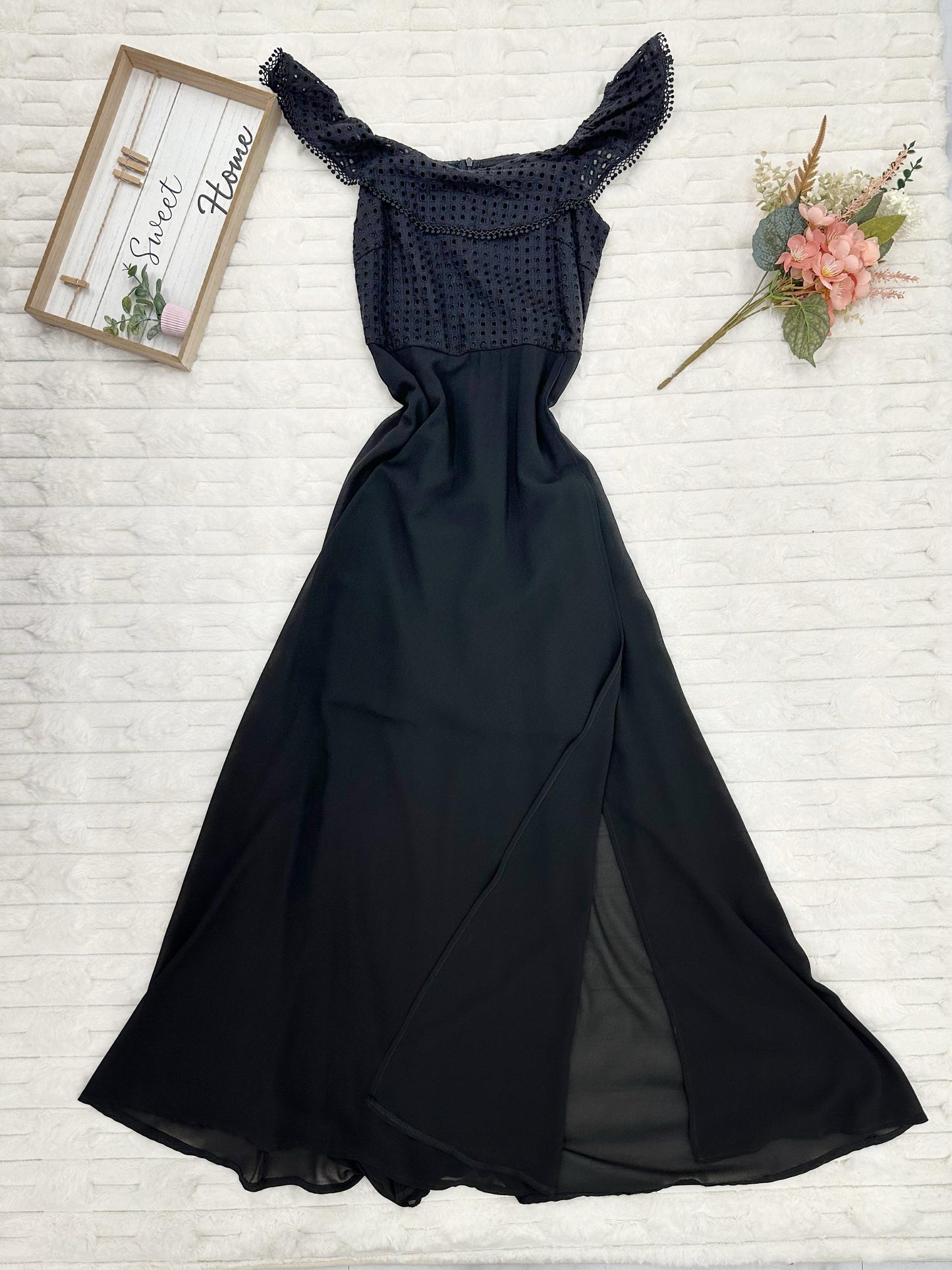 Off-Shoulder Eyelet with Front Sheer Maxi Dress