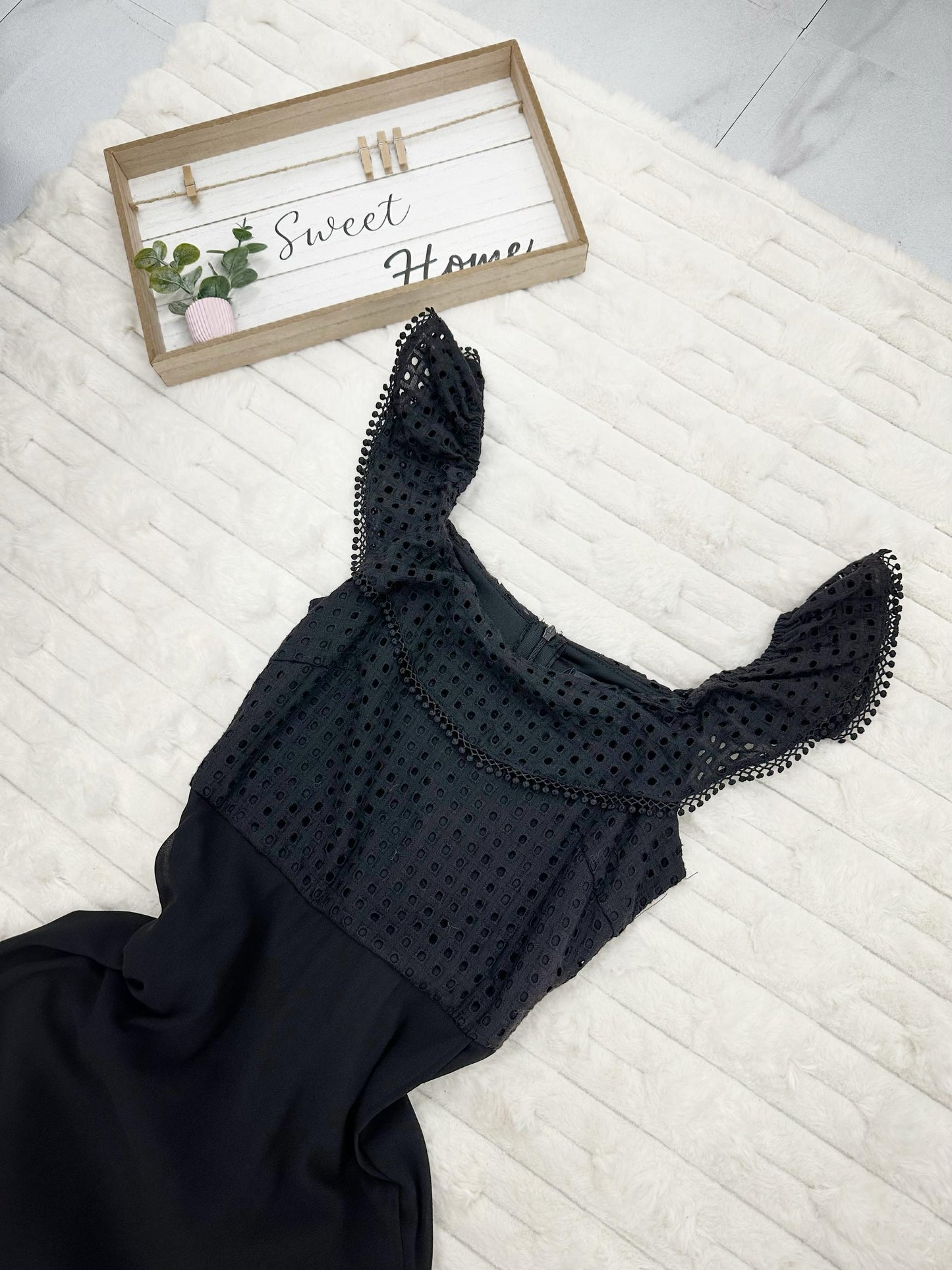 Off-Shoulder Eyelet with Front Sheer Maxi Dress