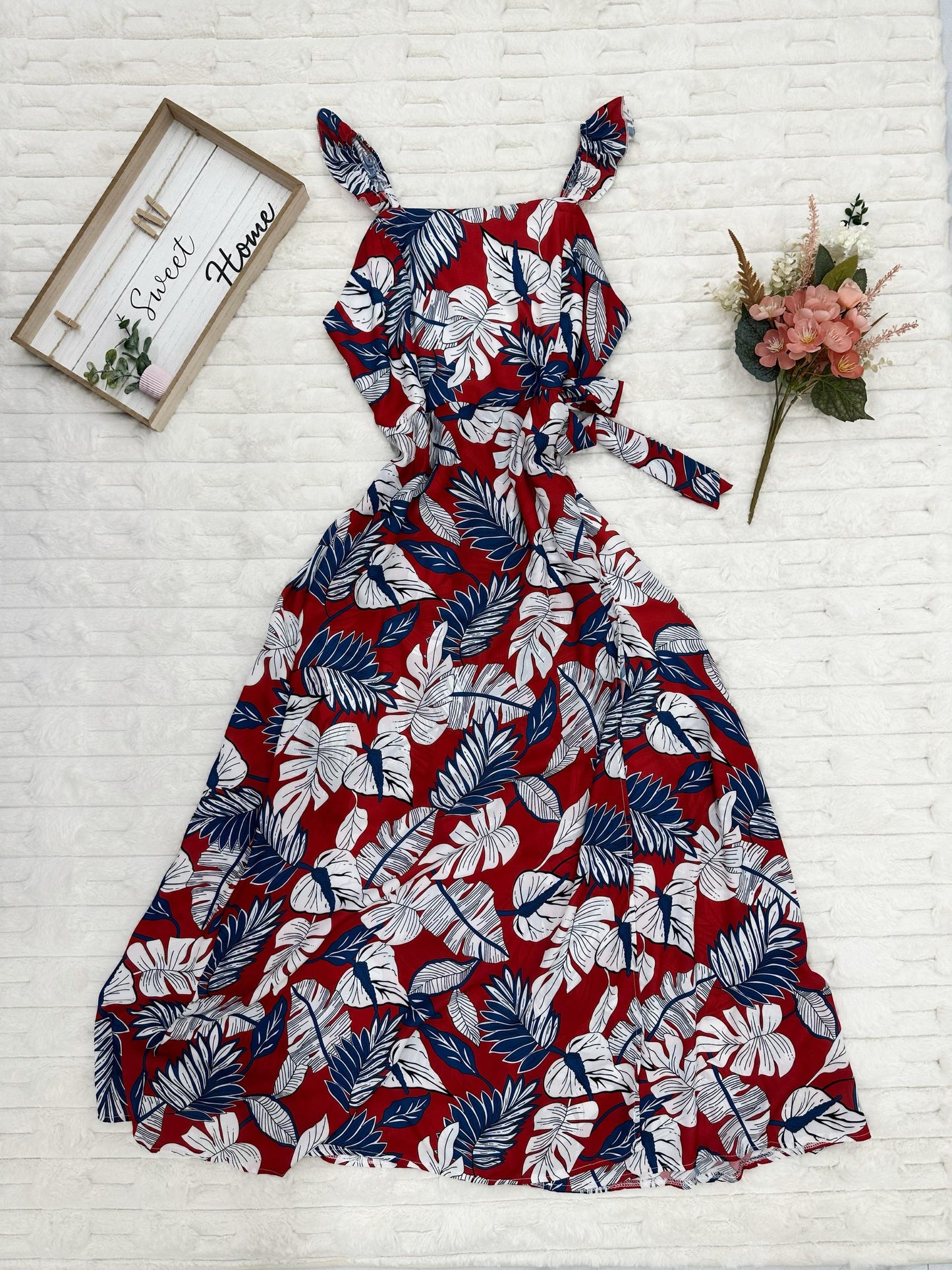 Off-Shoulder Tropical Print With High Slit