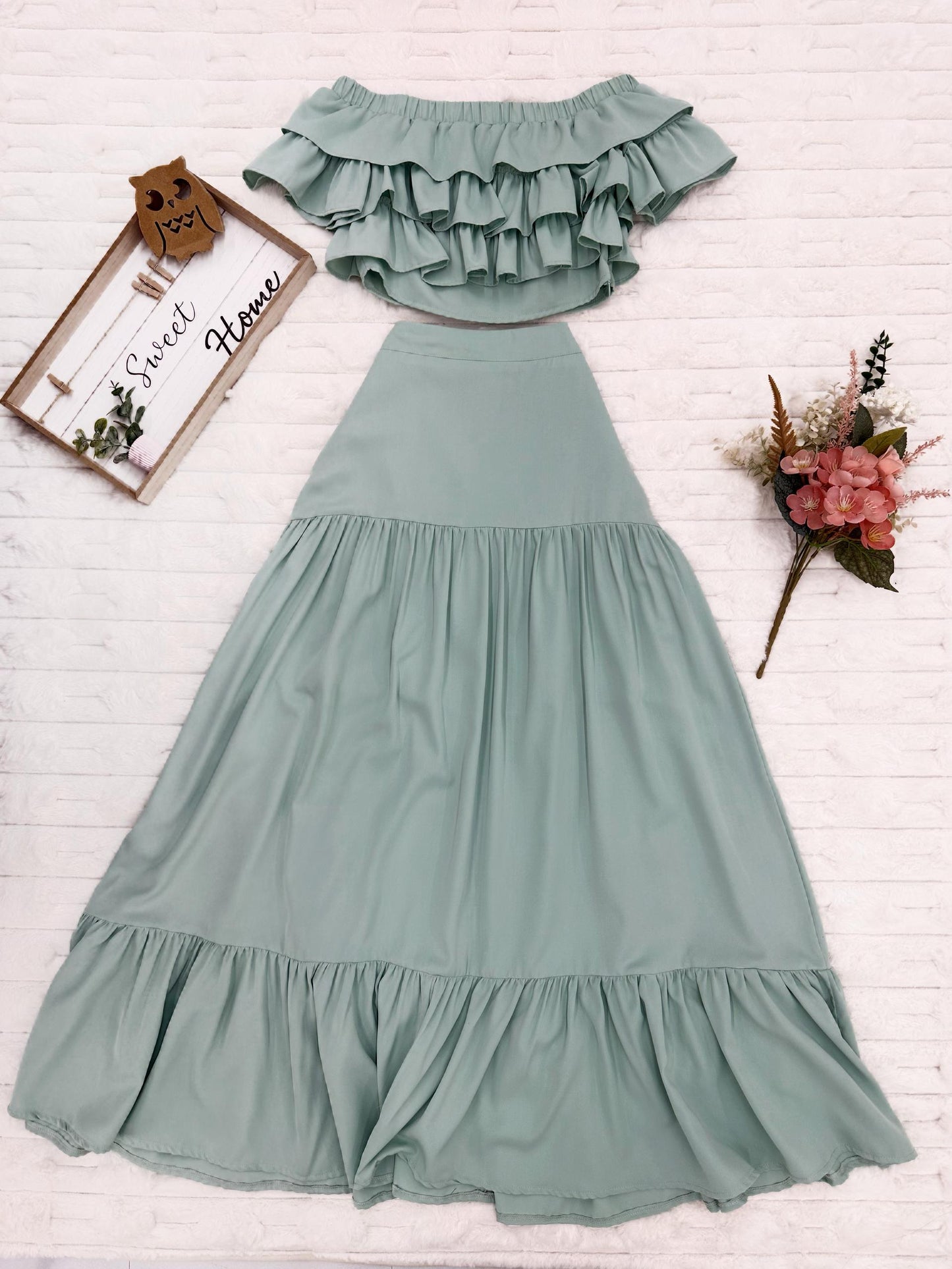 Off-Shoulder Ruffle Tiered Top & Long Skirt