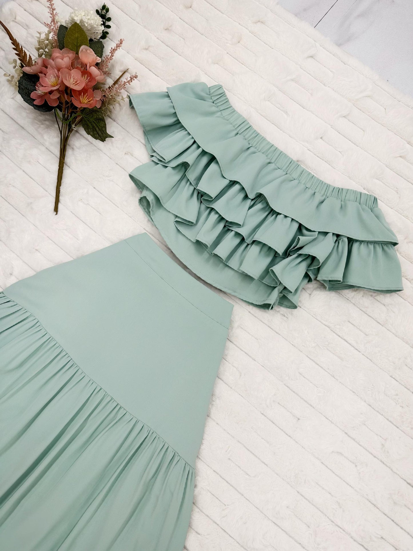 Off-Shoulder Ruffle Tiered Top & Long Skirt