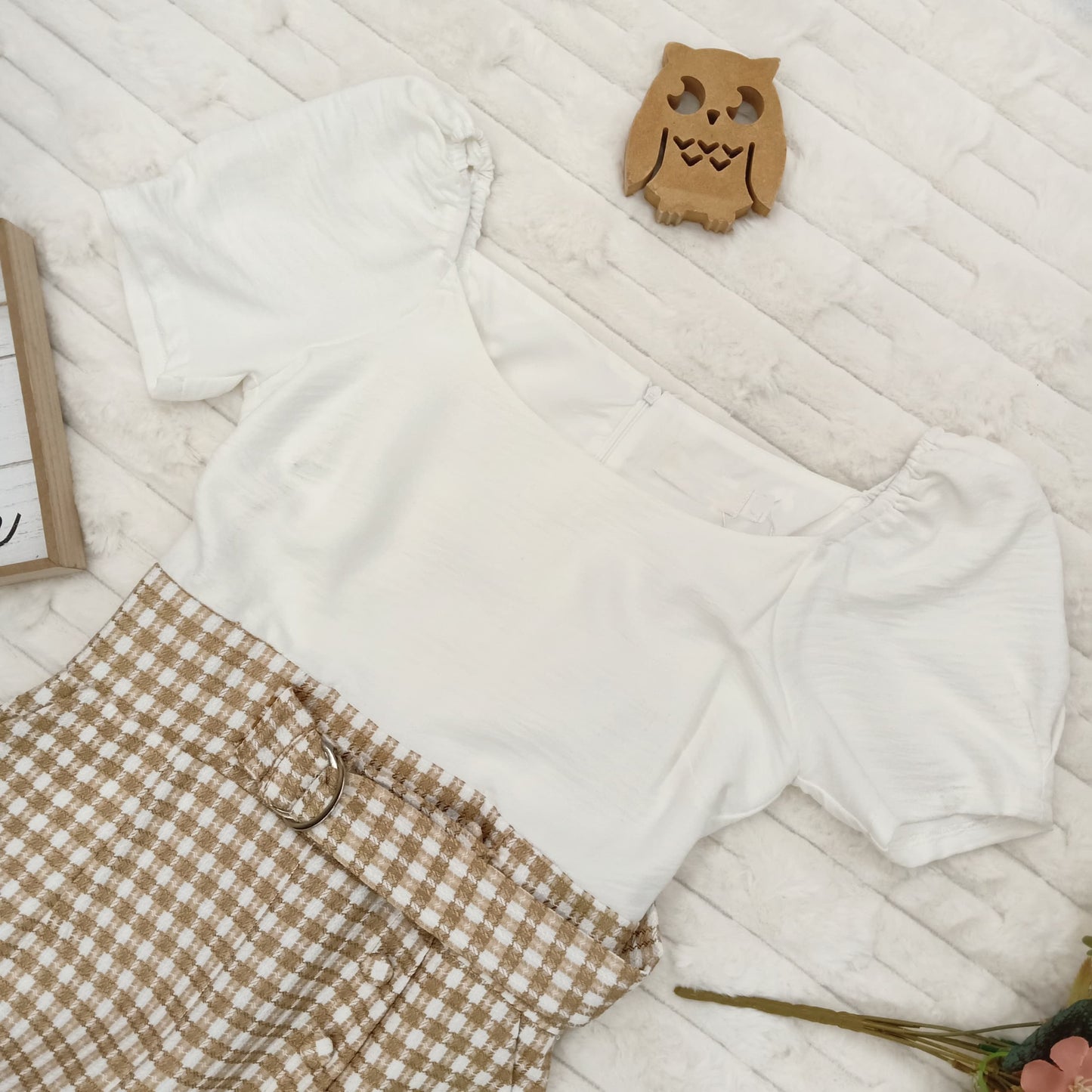 Off-Shoulder Gingham Jumpsuit with Pockets