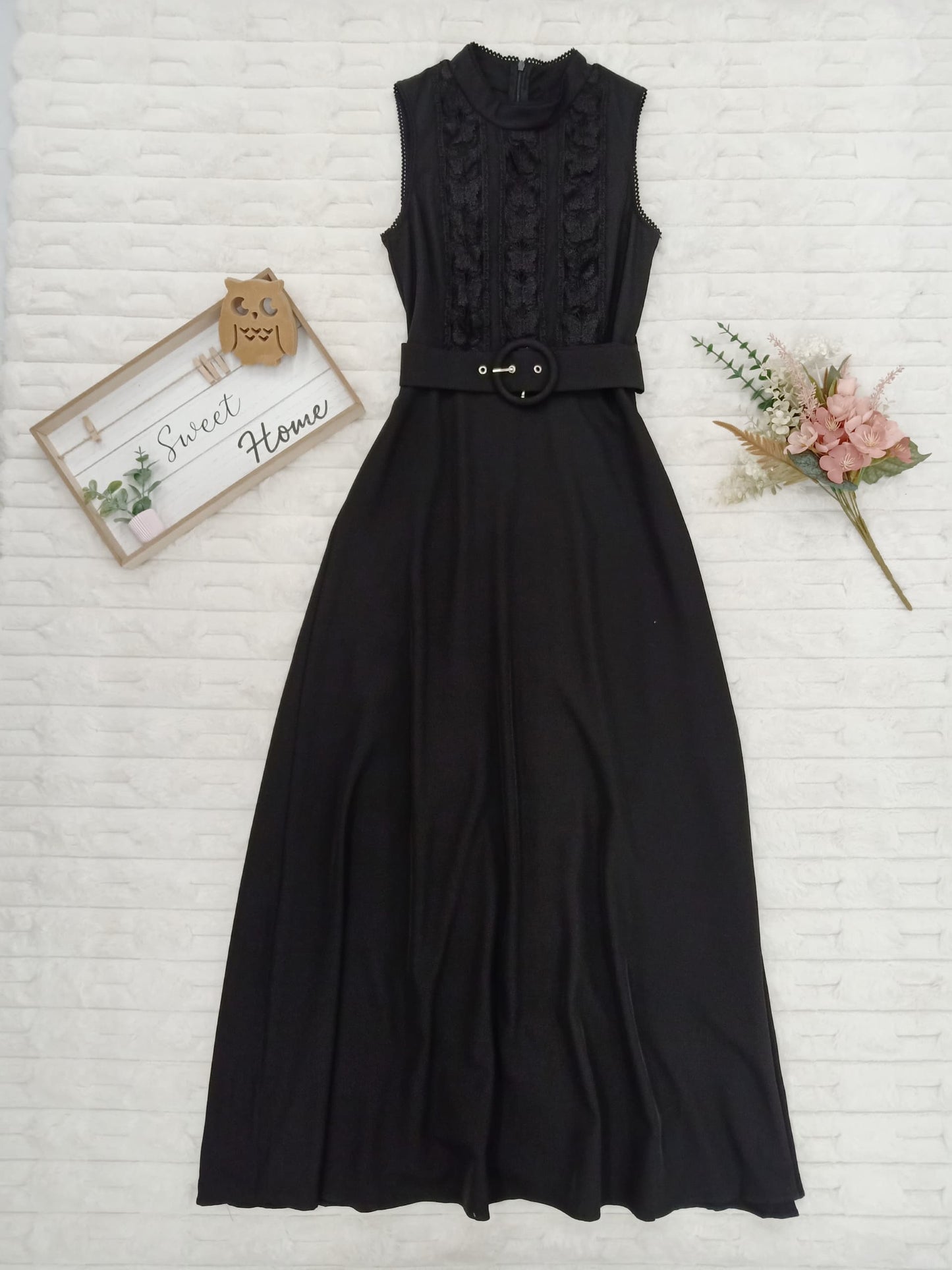 Mock-Neck Butterfly Lace Belted Maxi Dress