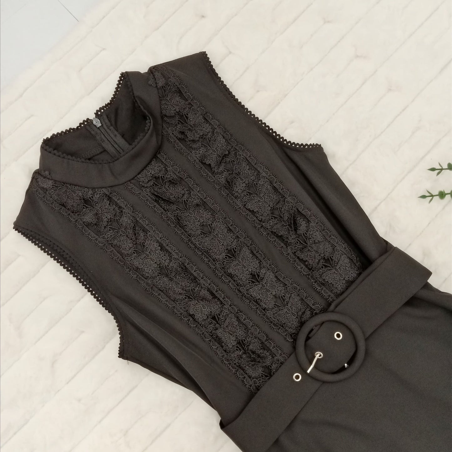 Mock-Neck Butterfly Lace Belted Maxi Dress