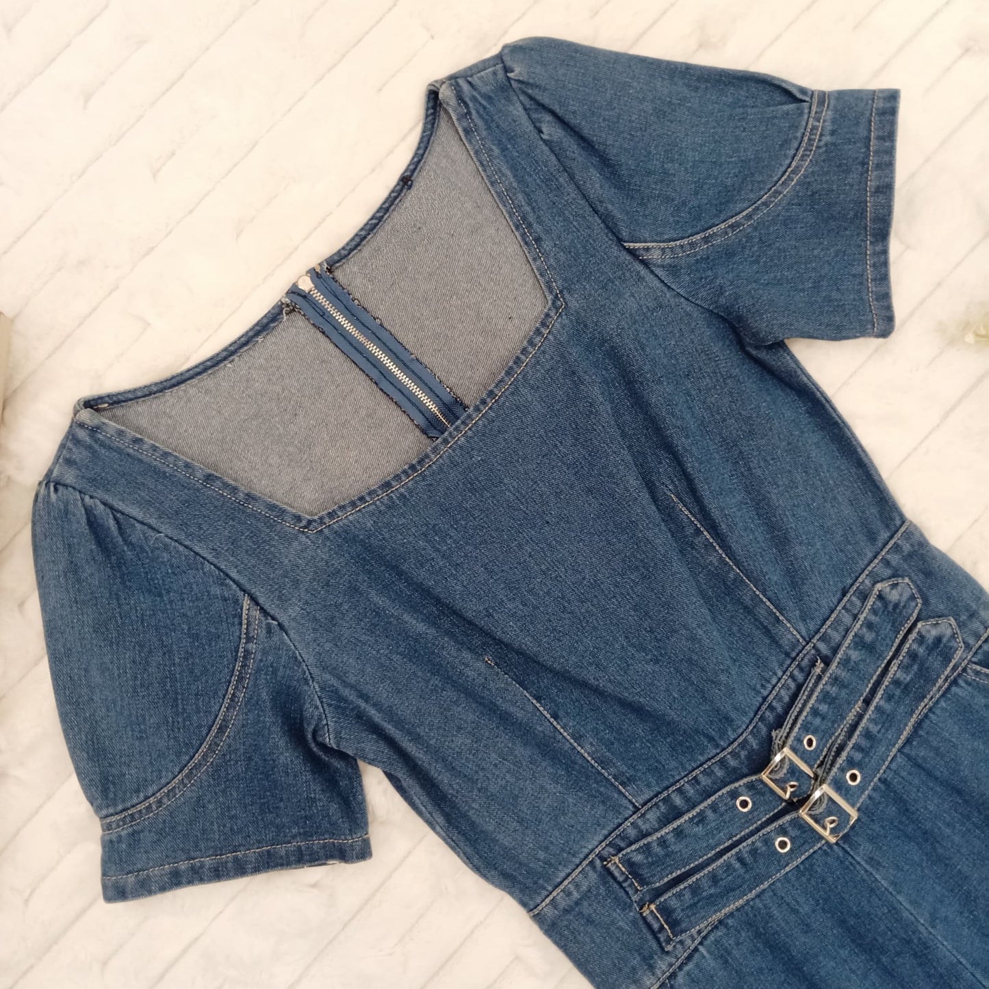 Square-Neck Denim Jumpsuit