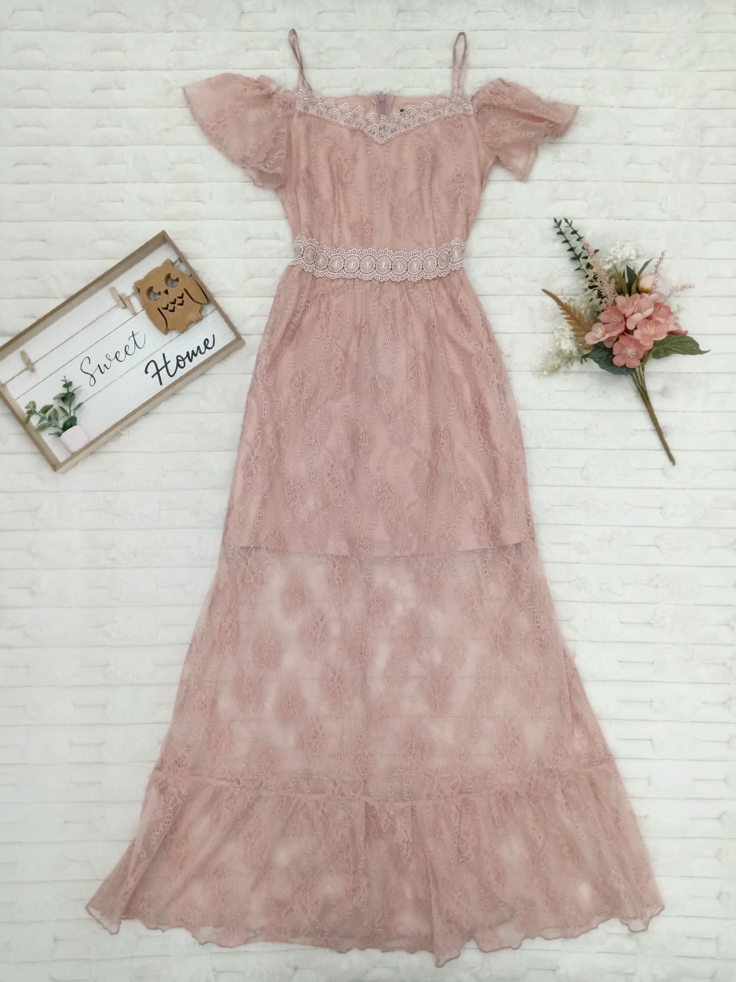 Cold Shoulder Overlay Lace Maxi Dress