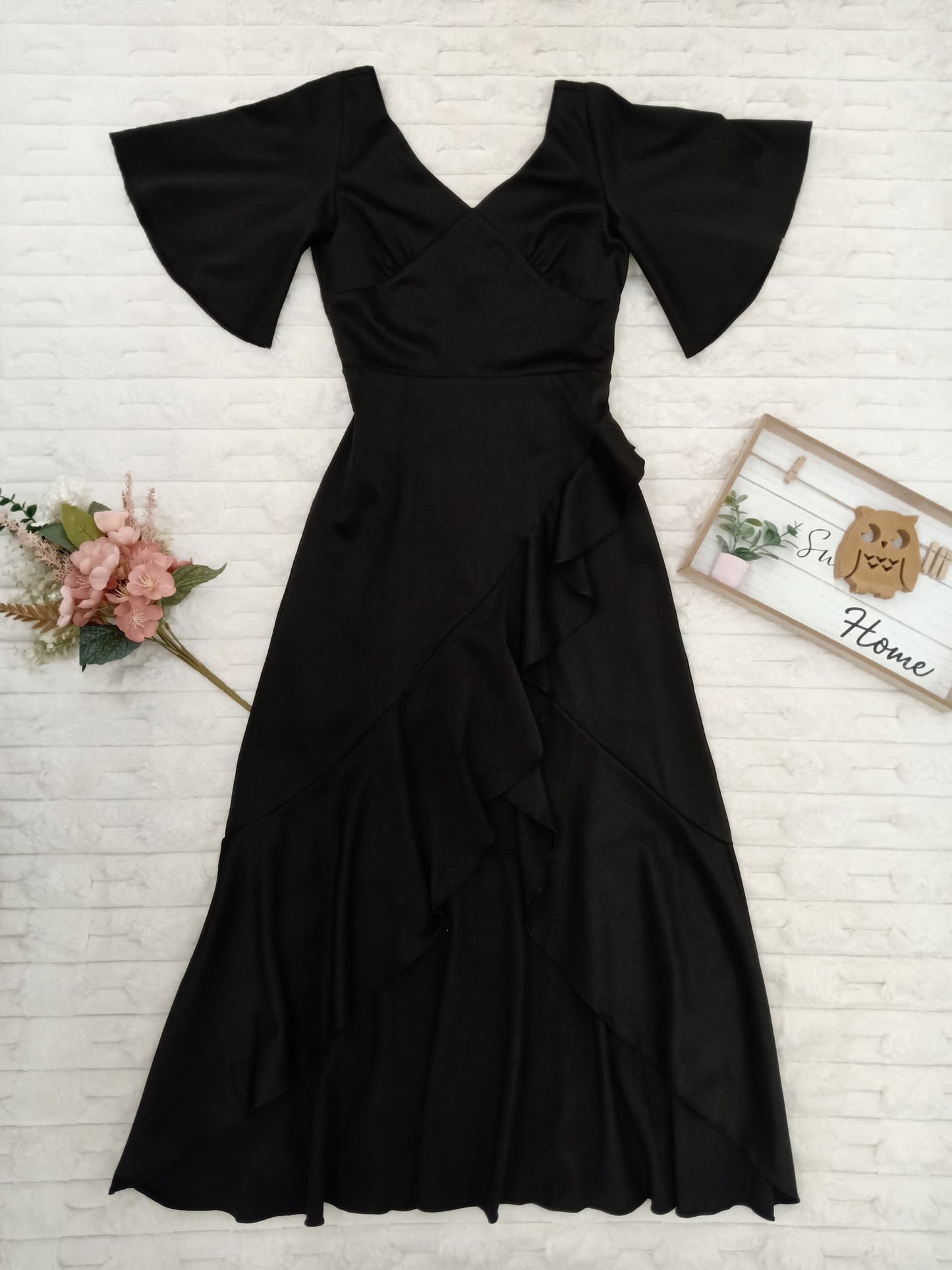 V-Neck Cascading High Low Ruffle Trim Gown