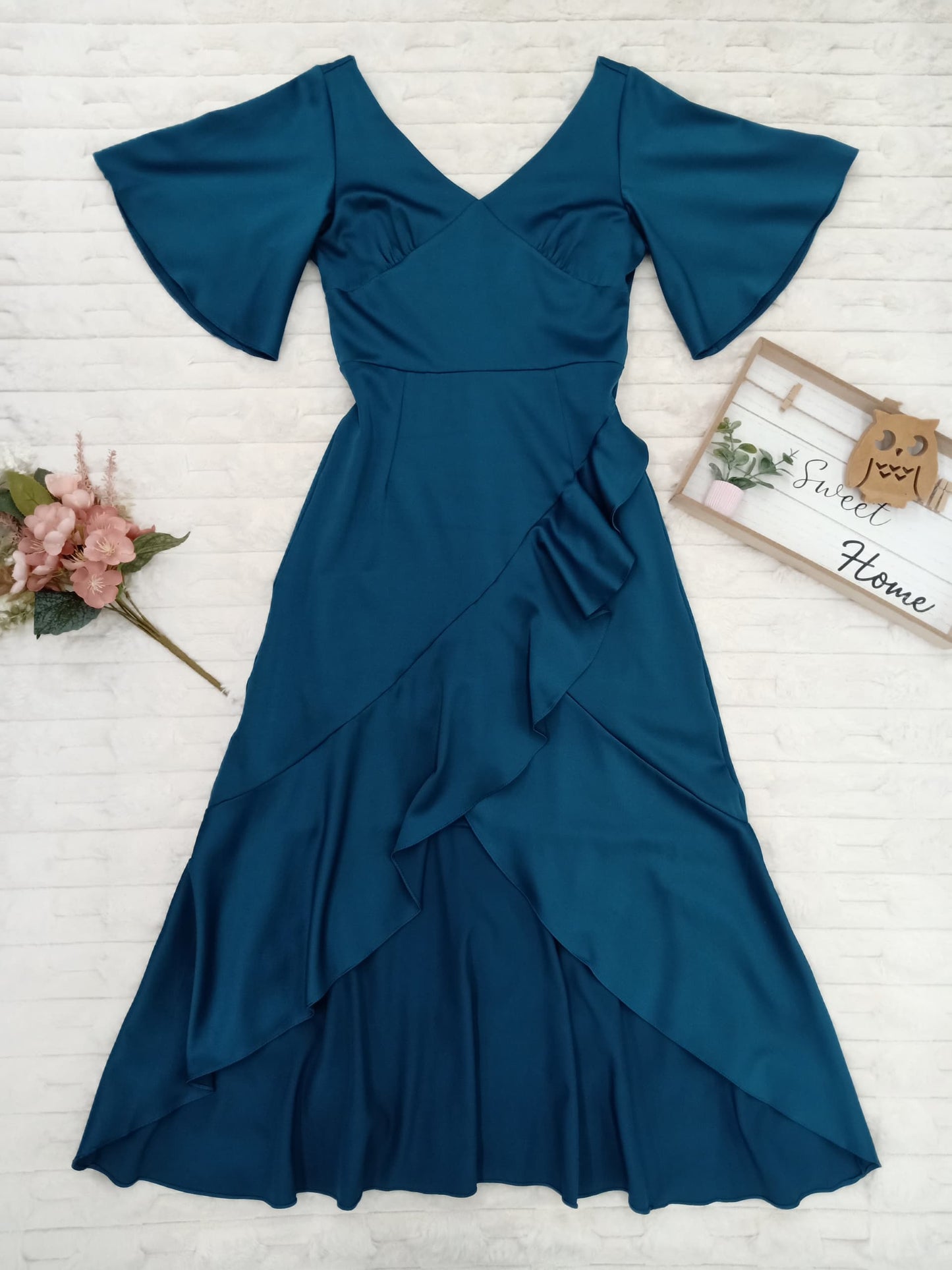 V-Neck Cascading High Low Ruffle Trim Gown