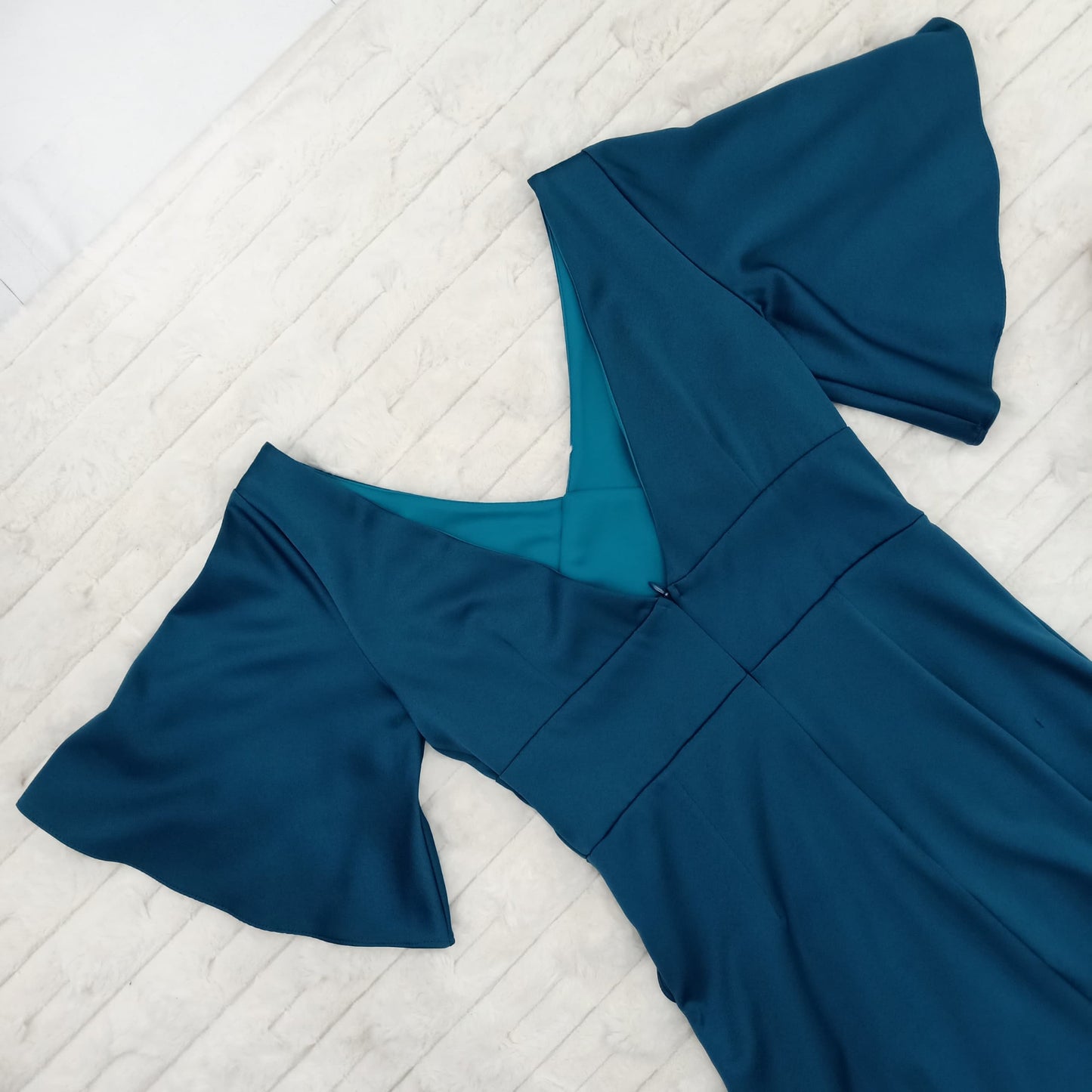 V-Neck Cascading High Low Ruffle Trim Gown