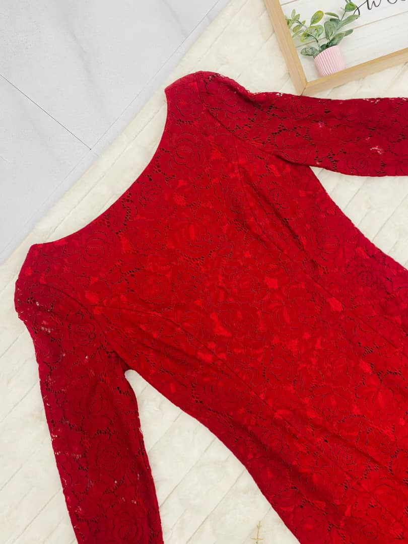 Square Neck Long Sleeve Lace Gown Maxi Dress
