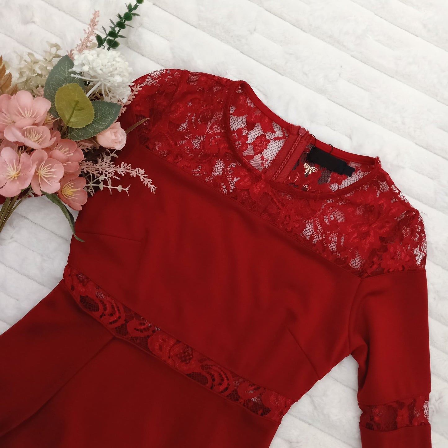 Long Sleeve Lace Trim Gown with High Slit