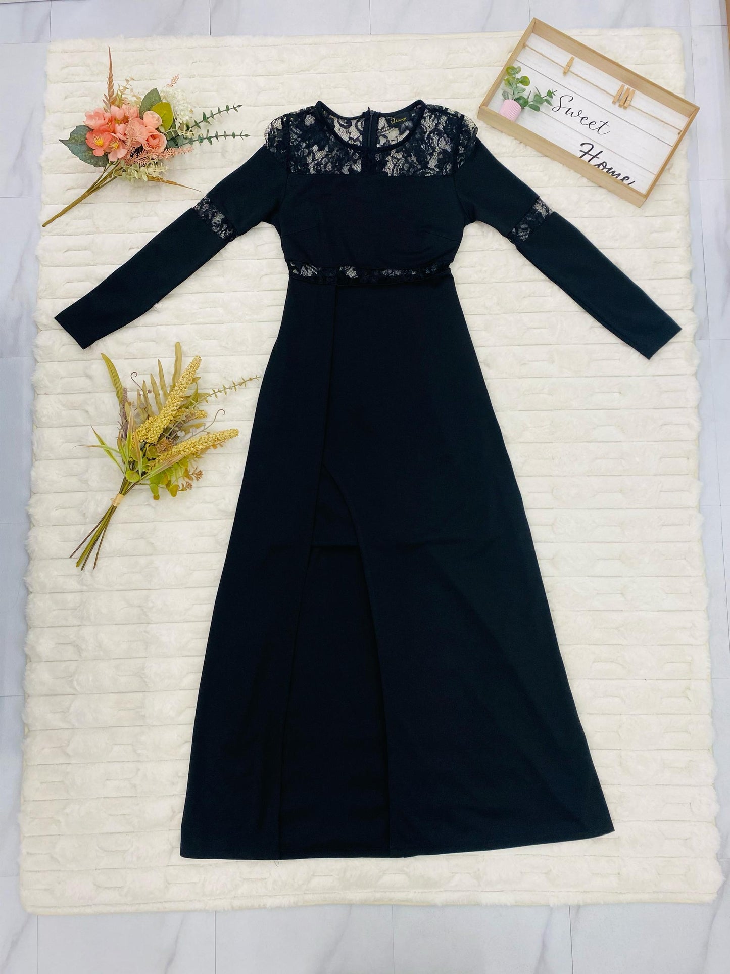 Long Sleeve Lace Trim Gown with High Slit