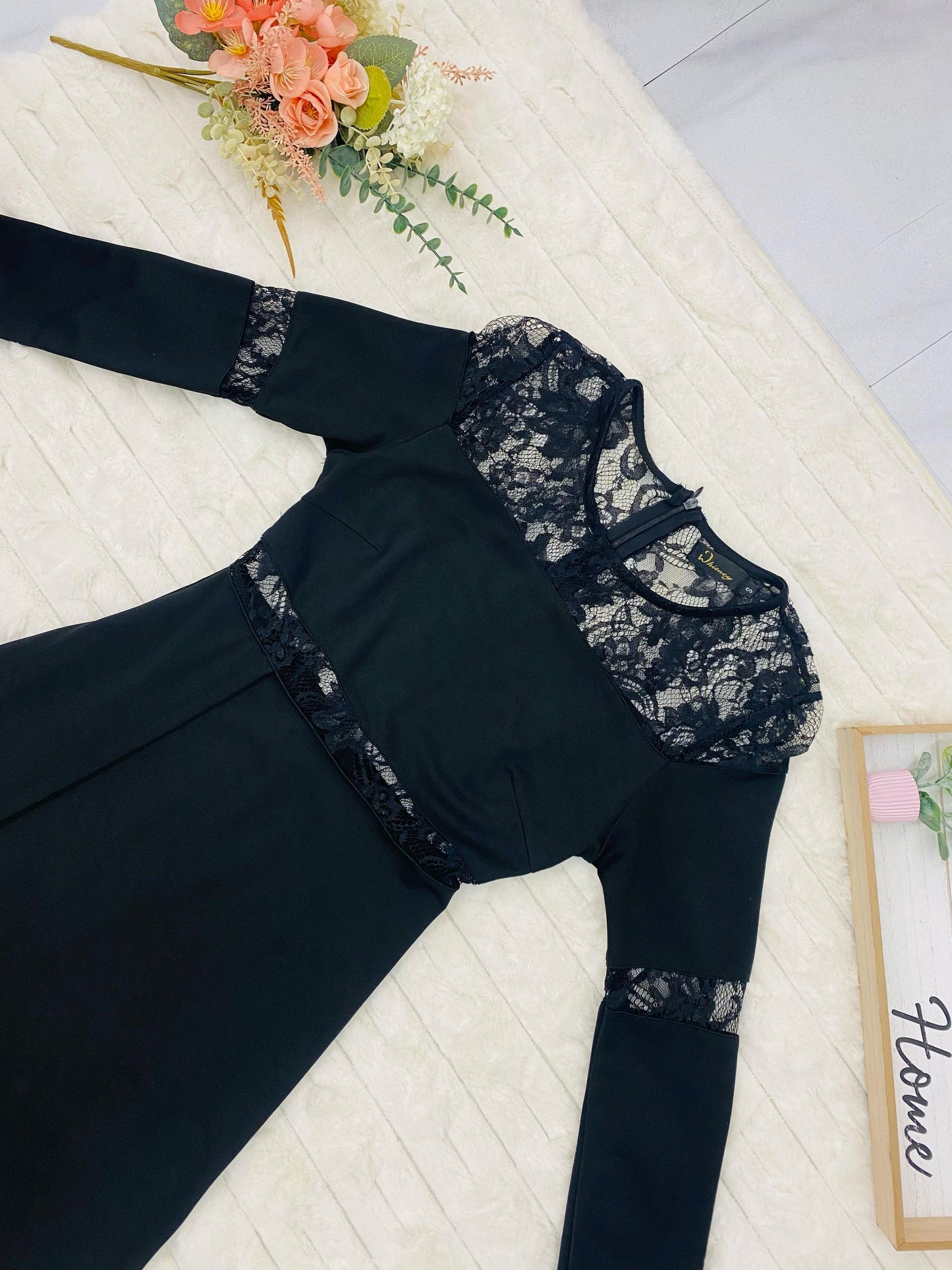Long Sleeve Lace Trim Gown with High Slit