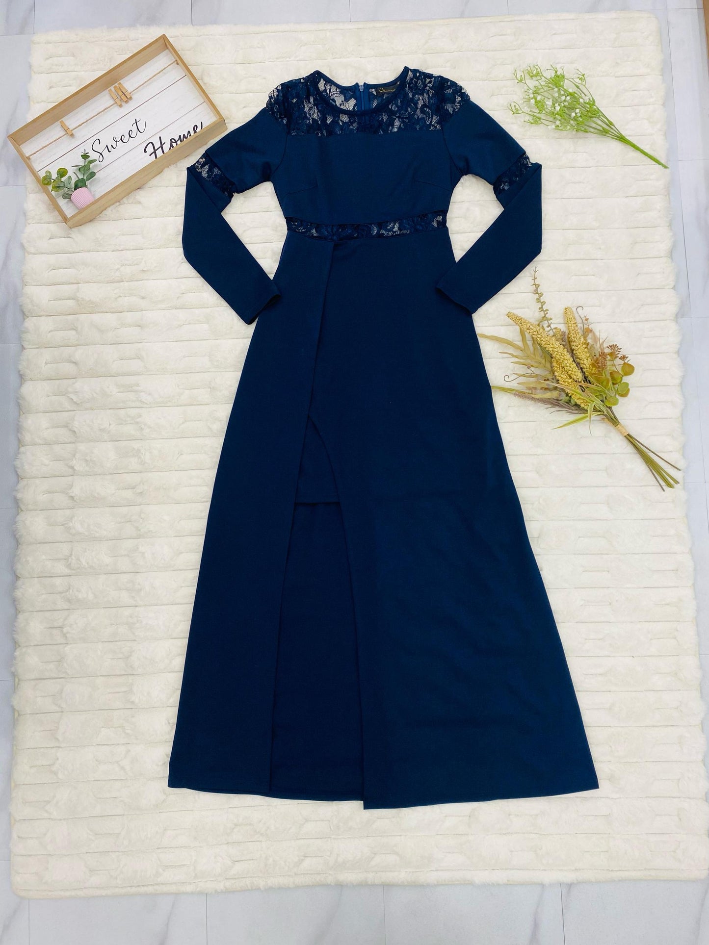 Long Sleeve Lace Trim Gown with High Slit