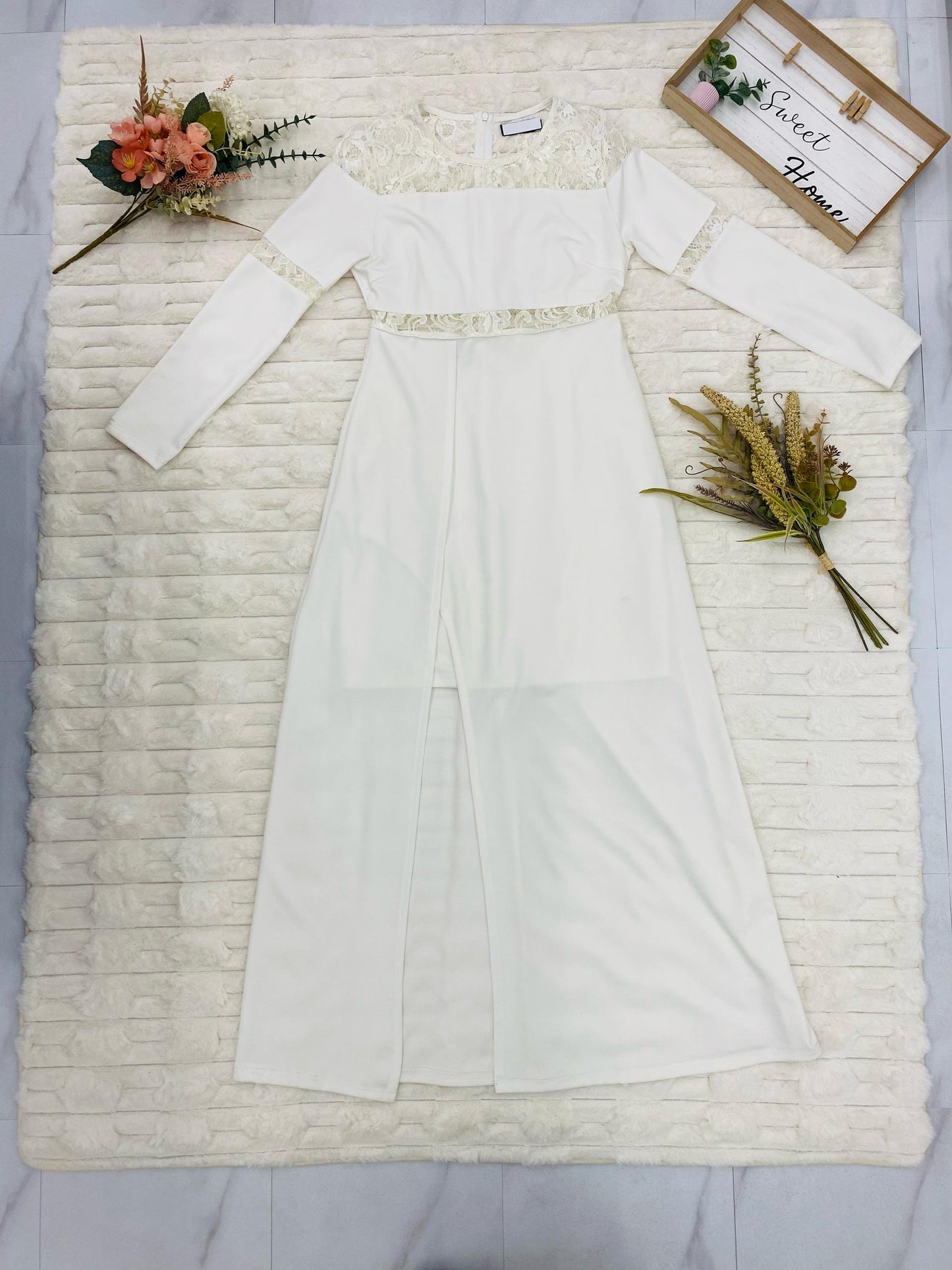 Long Sleeve Lace Trim Gown with High Slit