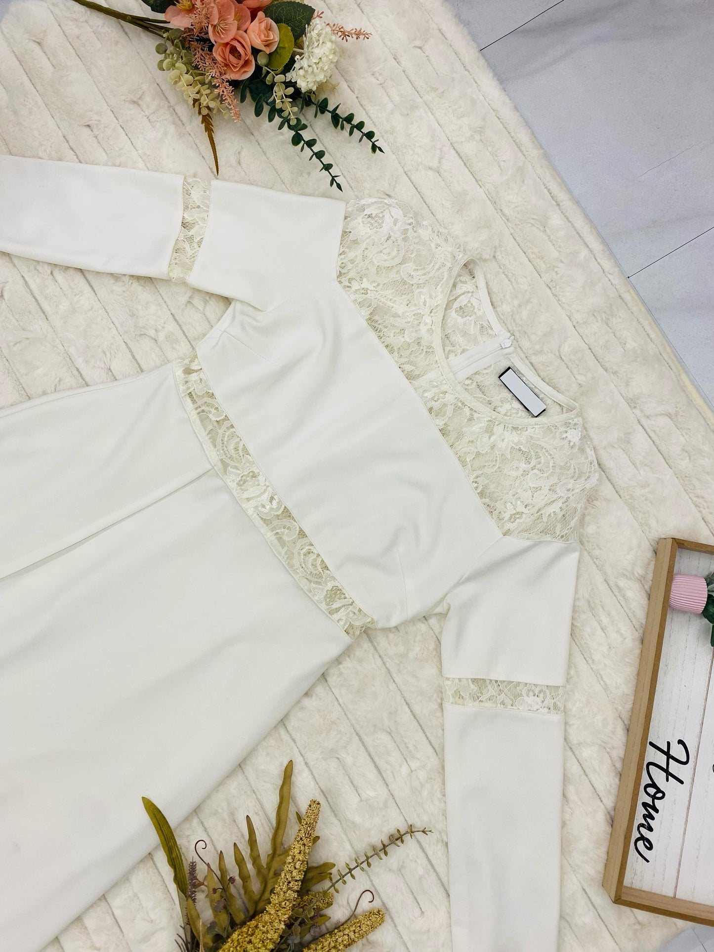 Long Sleeve Lace Trim Gown with High Slit
