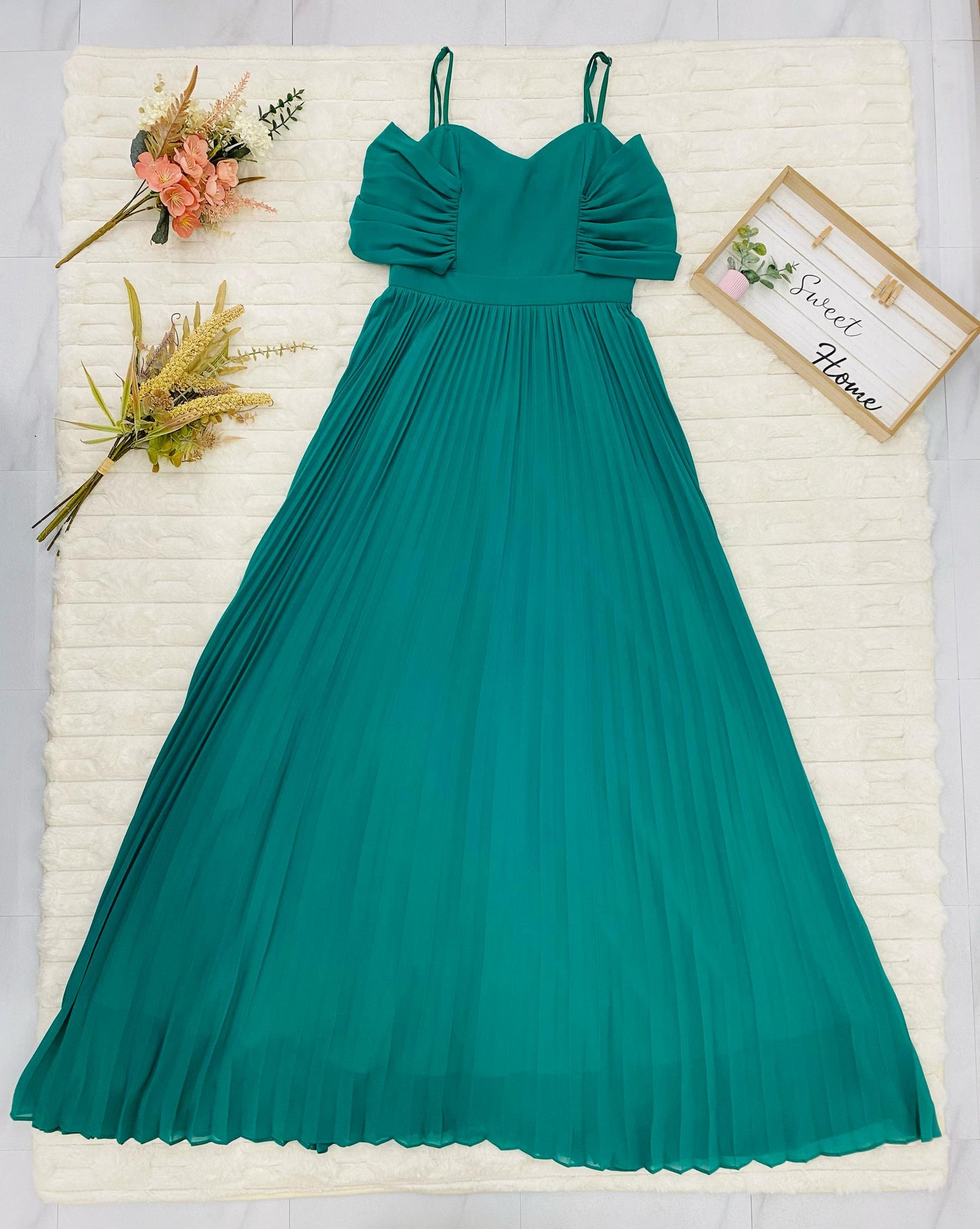 Cold-Shoulder Pleated Gown