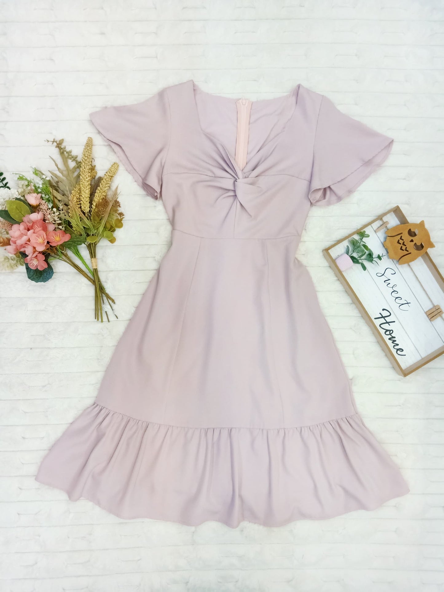 Handkerchief Sleeves Twisted Front Flare Midi Dress