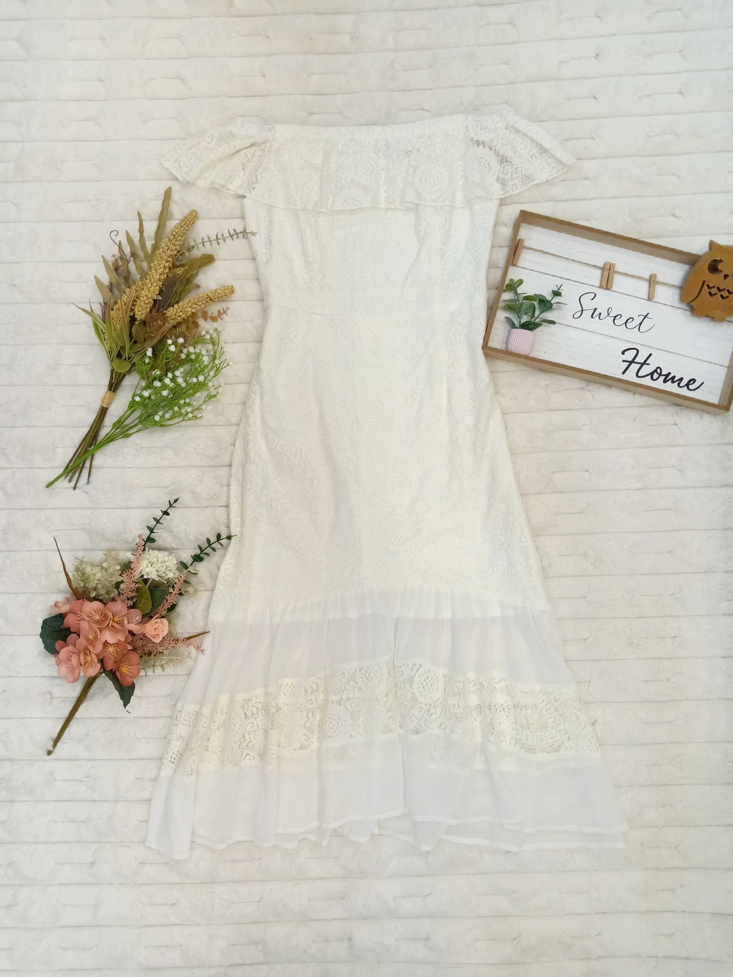 Off-Shoulder Ruffle Front Lace Embroidered Midi Dress