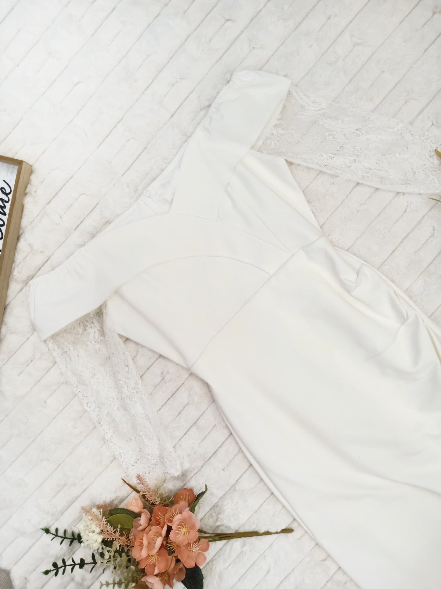 Elbow Length Lace Sleeves with Asymmetrical Slit Mini Dress