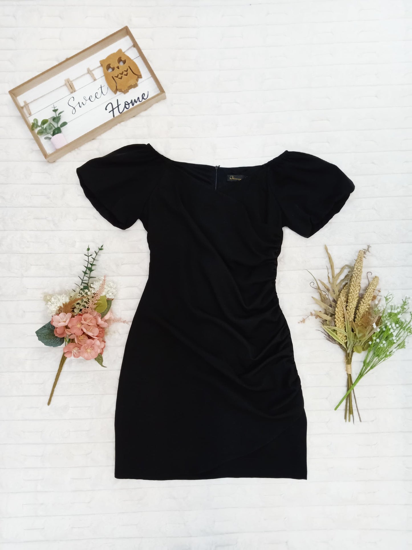 Puff Sleeves Ruched with Asymmetrical Slit Mini Dress