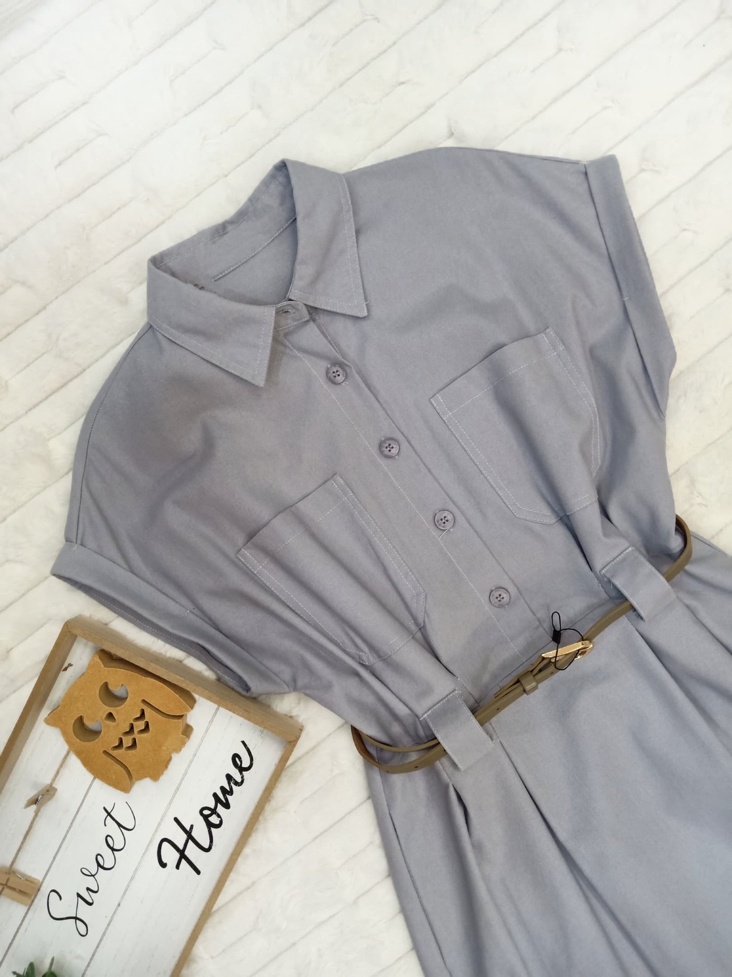 Collared Folded Fitted Sleeves with Belted Midi Dress