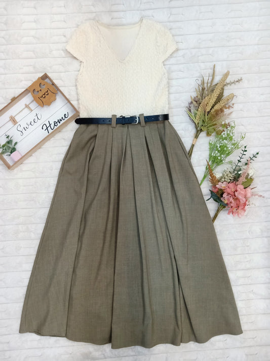 Cap-Sleeves V-Neck Belted Midi Dress