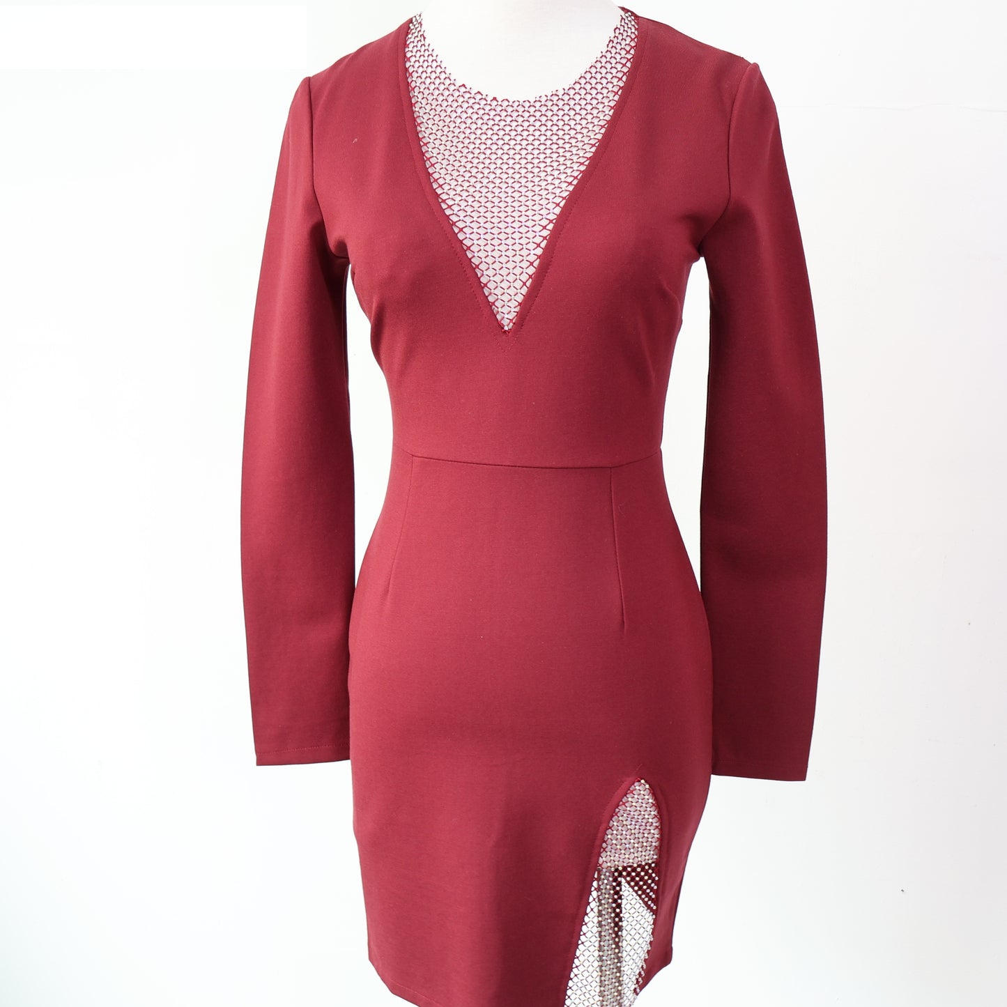 Long Sleeve Sheer Plunge Neckline with Faux Rhinestone Mini Dress
