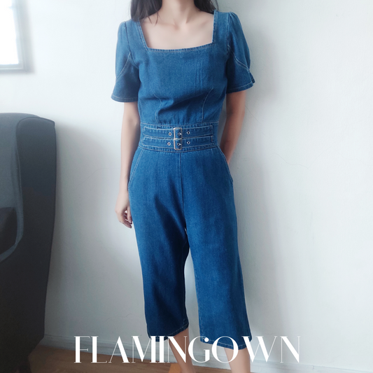 Square-Neck Denim Jumpsuit