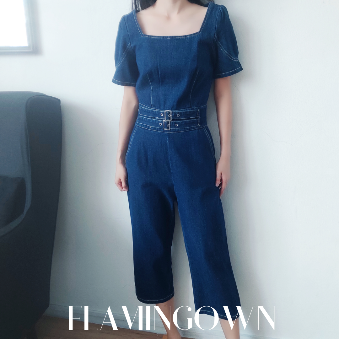 Square-Neck Denim Jumpsuit