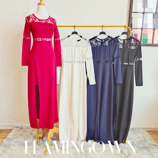 Long Sleeve Lace Trim Gown with High Slit