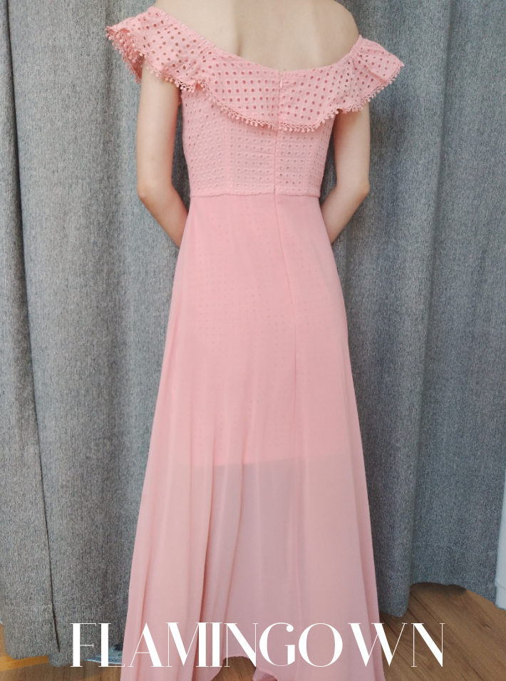 Off-Shoulder Eyelet with Front Sheer Maxi Dress