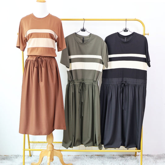 Stripes Drawstring Waist Midi Dress