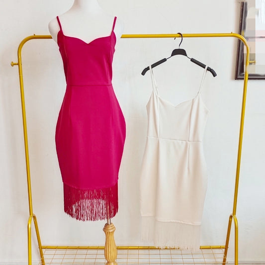 Spaghetti-Strap Sweetheart Neckline with Fringe Midi Dress
